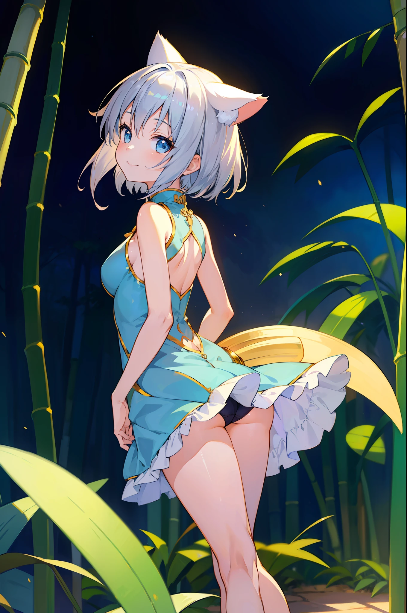 (Masterpiece), (Top Quality Anime Illustration), (Ultra High Definition CG), One Girl, Solo, Beautiful Girl with Silver Hair, Anime , Cat Ear Lolitite, Thigh Emphasis, Light Blue and Gold and Silver Cheongsam, Horizontal Breasts, Side, Panties, Smile, Buttocks, Buttocks Up, Back Cutout, Bamboo Forest