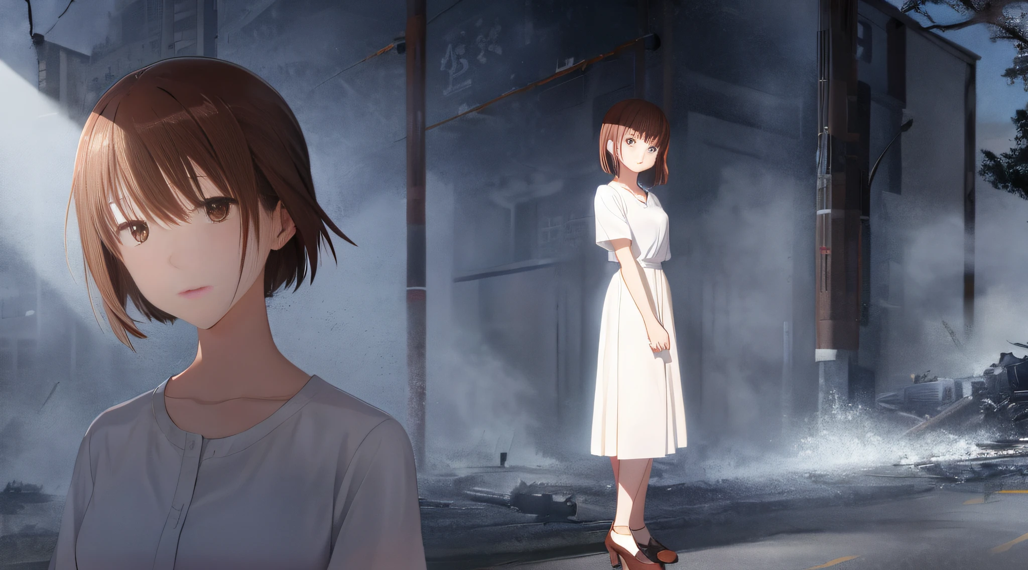 Detailed and perfect anime style illustration, brown short hair, very cute young Japan woman, perfect round eyes, female focus, solo, wearing gray shirt, wearing gray long skirt. Stunned, very sad expression, wearing brown pumps, daydreaming, mysterious background wrapped in dramatic and fantastic mist, brown cracked wall in the immediate vicinity, large rubble scattered around, dramatic lighting Makoto Shinkai