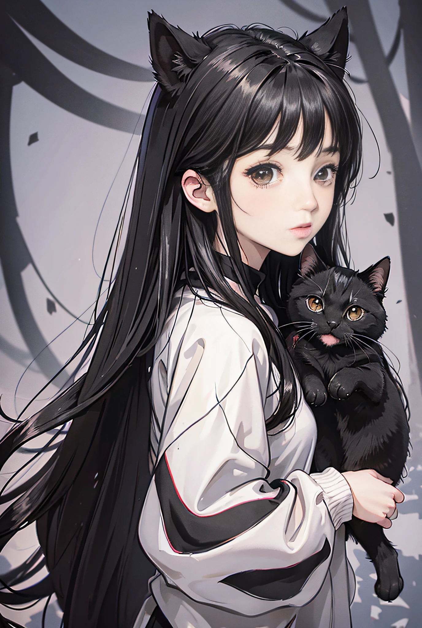 1girl,black hair,solo,holding animal,looking at viewer,black eyes,holding,long hair,holding cat,realistic,le backupper body,long sleeves