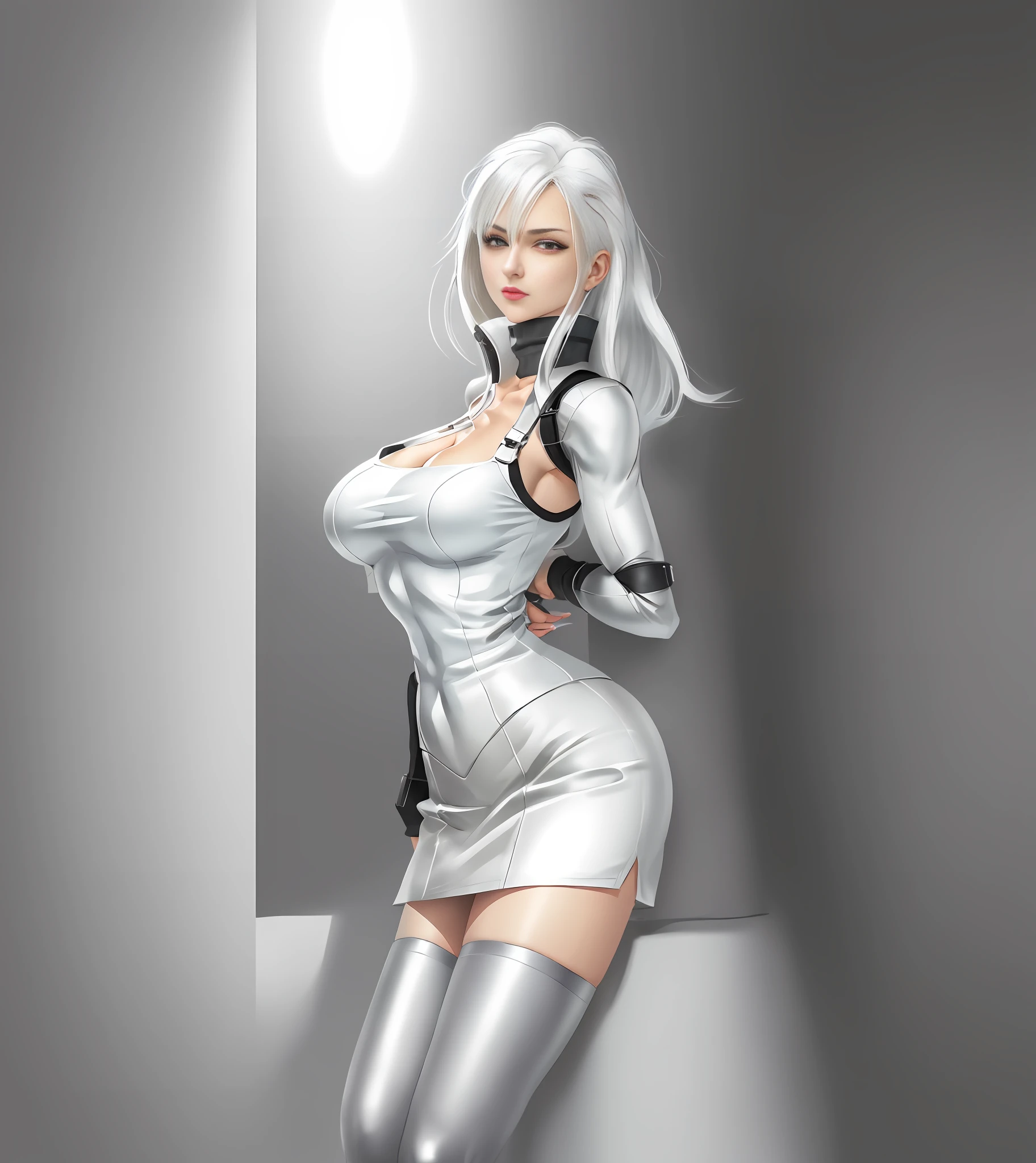 a drawing of a woman in a short skirt and top, perfect white haired girl, white haired lady, silver hair girl, realistic shaded perfect body, girl silver hair, girl with white hair, casual pose, tifa lockhart with white hair, cell shaded adult animation, white haired, anime style character, flat anime style shading, cyborg - girl with silver hair