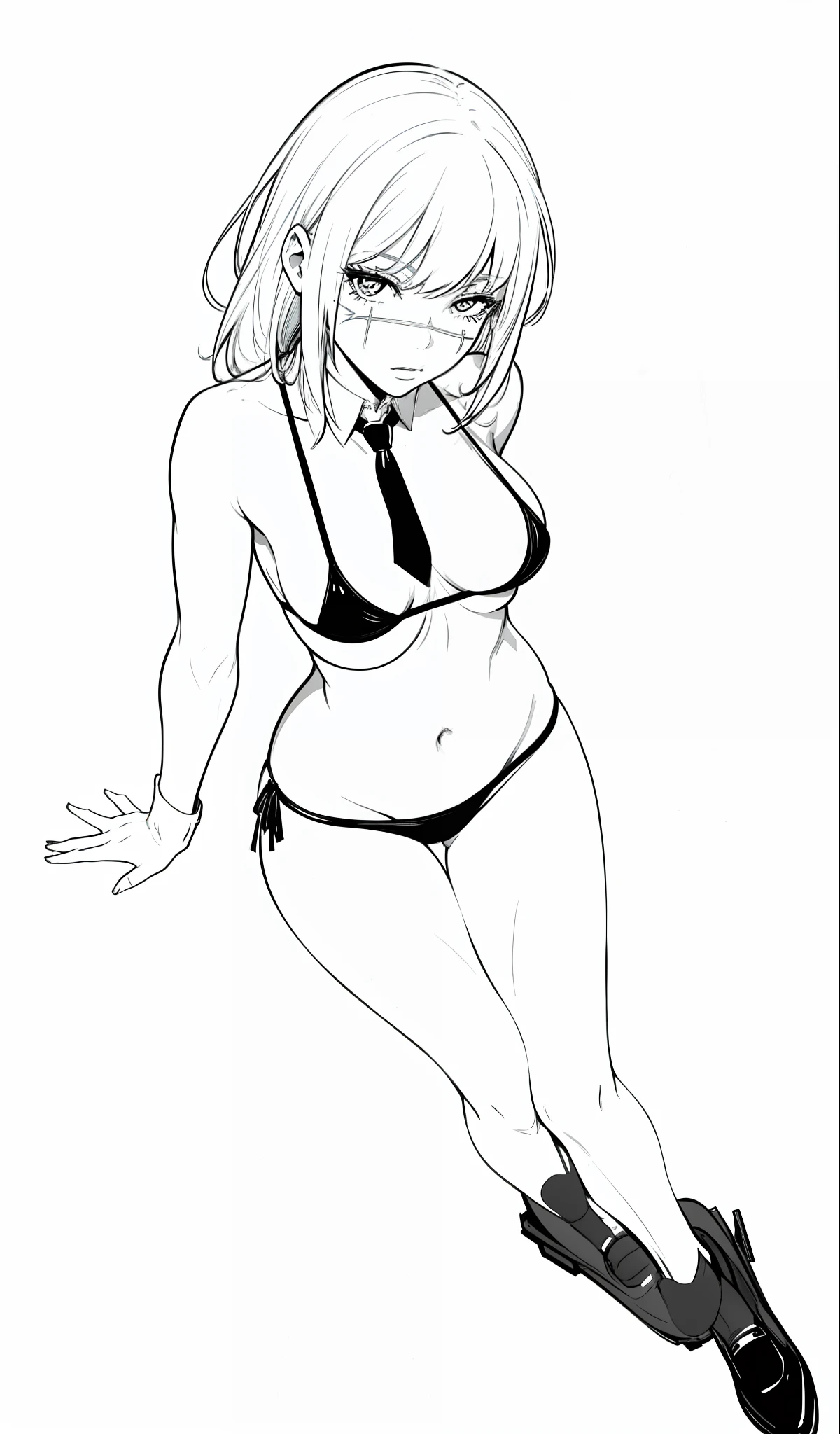 1girl, posing, sexy, bikini, micro bikini, full body, lineart, monochrome, scar, school stockings, white background, bottomless, best quality, good anatomy, perspective from above.