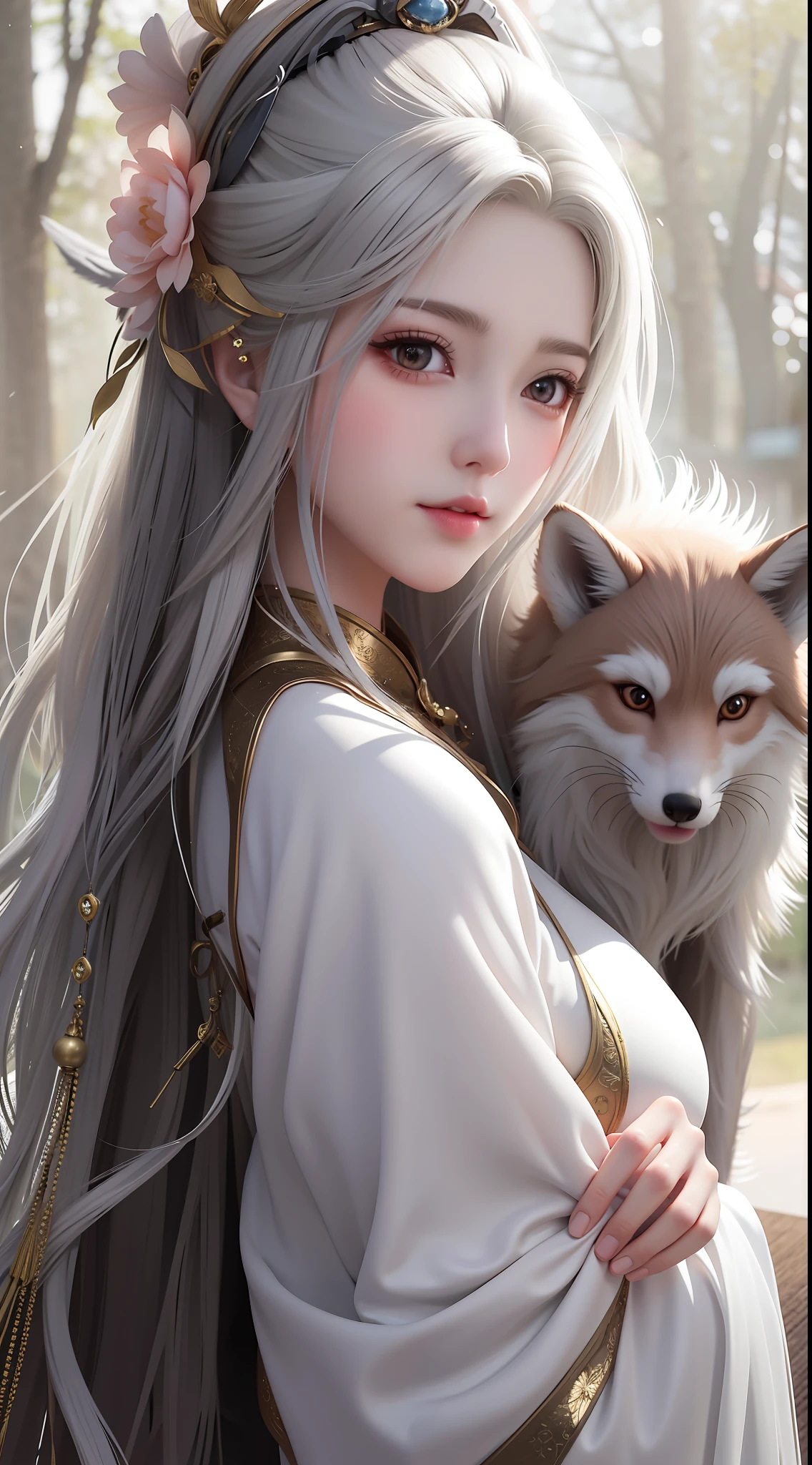 anime girl with long hair and a fox, a beautiful fox lady, white - haired fox, by Yang J, guweiz, artwork in the style of guweiz, a beautiful kitsune woman, by Li Fangying, by Li Song, with long white hair, girl with fox ears, with white long hair, by Ye Xin, yee chong silverfox