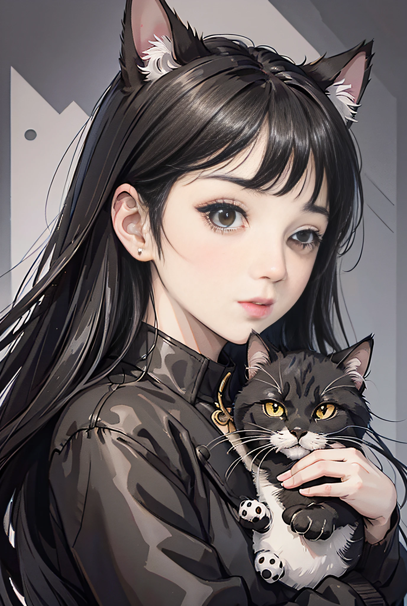 1girl,black hair,solo,holding animal,looking at viewer,black eyes,holding,long hair,holding cat,realistic,le backupper body,long sleeves