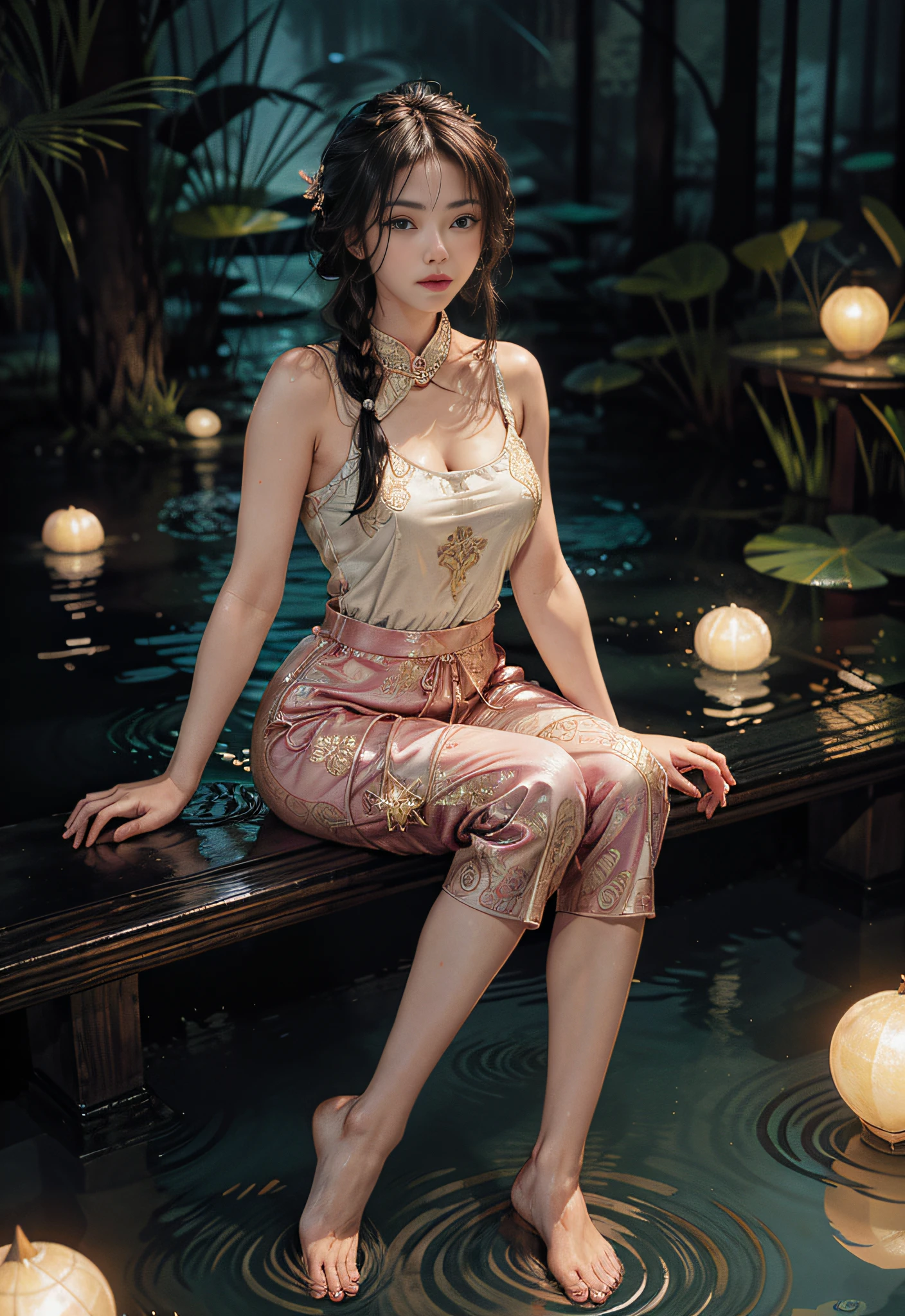 Sitting in a lotus pond, not many lotus flowers blooming, feet playing in the water, the art depicts a charming woman in a flowing, silky traditional oriental dress in pink, tight translucent trousers, decorated with intricate patterns and bright colors. Her dress drapes elegantly over her curvy figure, accentuating her seductive silhouette. She sits gracefully by the tranquil lotus lake, her feet playing in the water, bathed in the soft glow of the moonlight. The scene exudes an ethereal and dreamy atmosphere, with a touch of mystery and sexiness. The graphic style blends watercolor and digital illustration techniques to evoke a refined beauty and charm. The lights are filled with soft moonlight, casting soft highlights and shadows on her charming features. Bare thighs, wearing tight translucent pants, large breasts, three-dimensional facial features, sitting, upturned legs, side braids