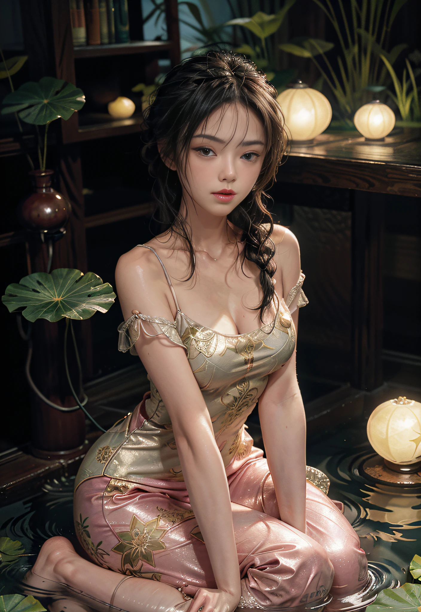 Sitting in a lotus pond, not many lotus flowers blooming, feet playing in the water, the art depicts a charming woman in a flowing, silky traditional oriental dress in pink, tight translucent trousers, decorated with intricate patterns and bright colors. Her dress drapes elegantly over her curvy figure, accentuating her seductive silhouette. She sits gracefully by the tranquil lotus lake, her feet playing in the water, bathed in the soft glow of the moonlight. The scene exudes an ethereal and dreamy atmosphere, with a touch of mystery and sexiness. The graphic style blends watercolor and digital illustration techniques to evoke a refined beauty and charm. The lights are filled with soft moonlight, casting soft highlights and shadows on her charming features. Bare thighs, wearing tight translucent pants, large breasts, three-dimensional facial features, sitting, upturned legs, side braids