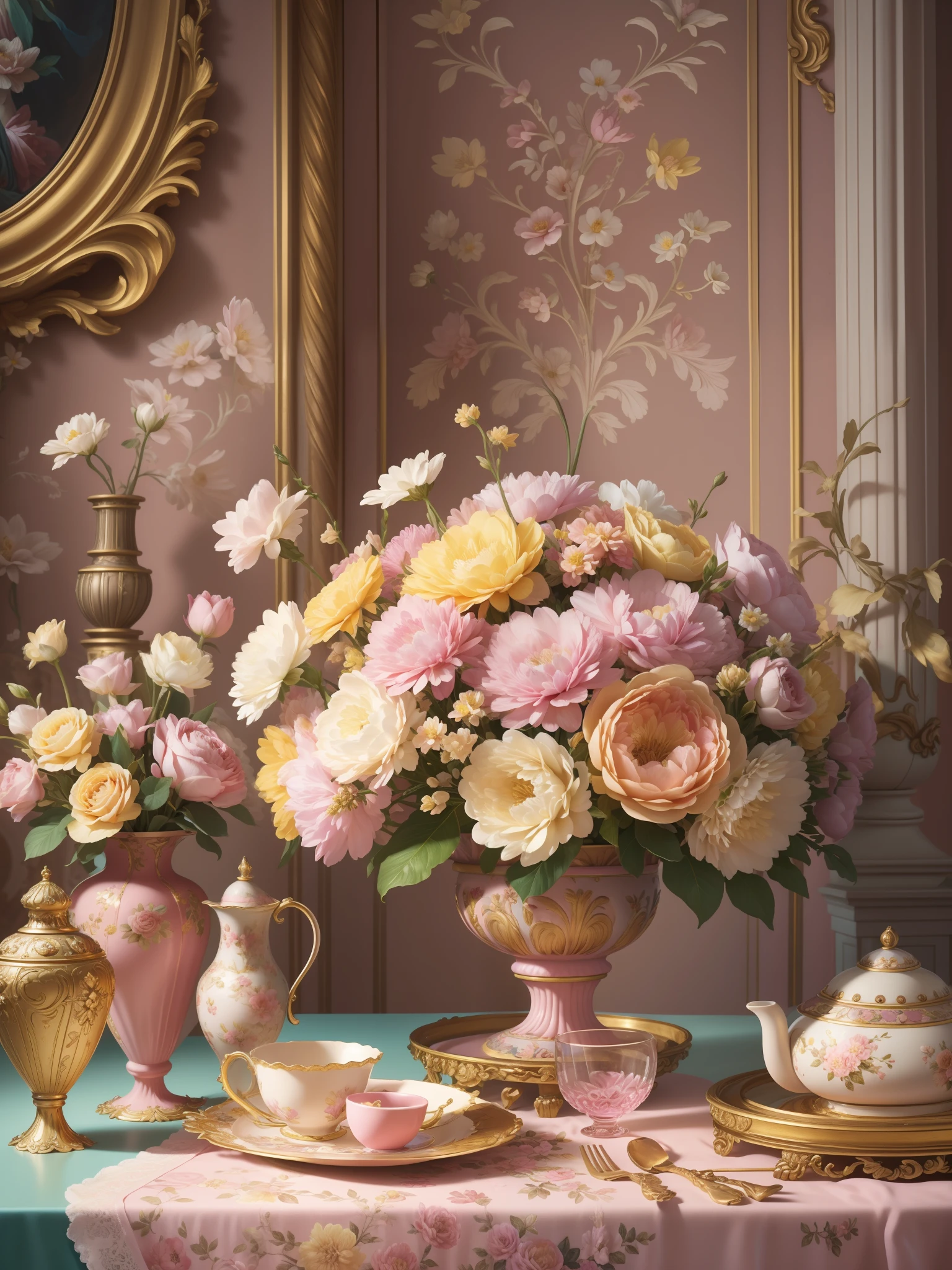 (Floral Art Association + Baroque + François Boquet + Jean-Honoré Fragonard + Jean-Baptiste Pat + Johanna Marie Fauci + Angelica Kaufmann), (pink + yellow) vase on the table, flowers, meticulous, dreamy, baroque elements, neon light. --auto --s2