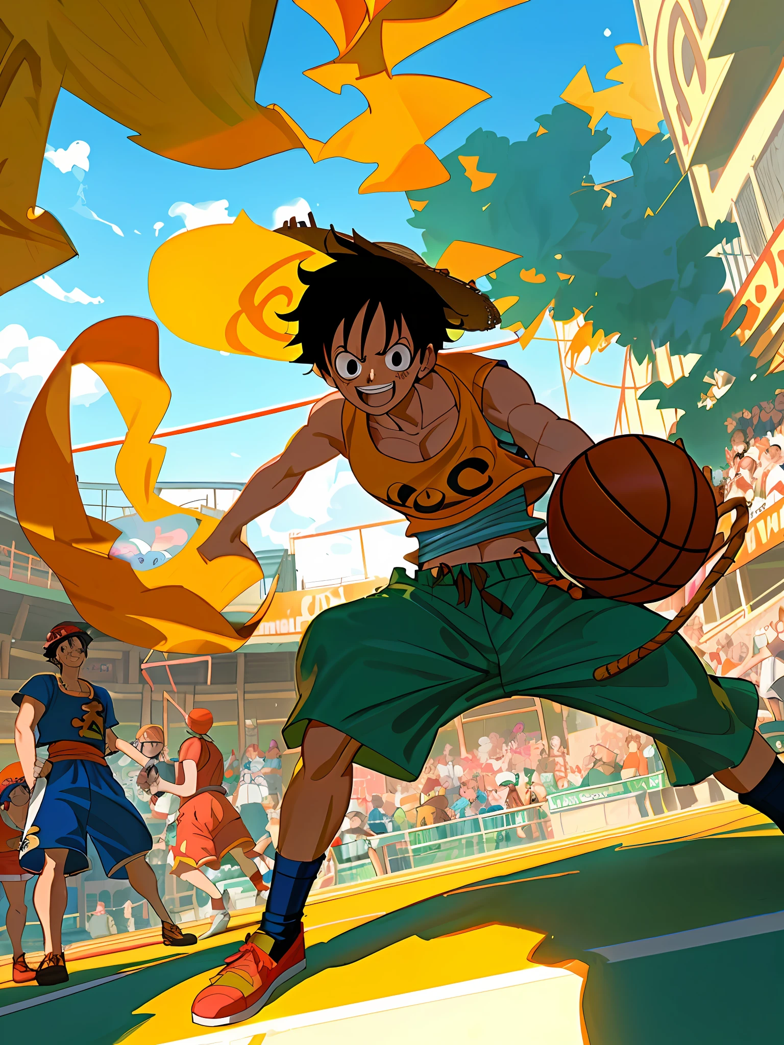 (extremely high quality CG artwork, ultra-detailed, best illumination and shadow),(Luffy playing basketball with his crew on a sunny day in the open-air court, his straw hat swinging with the breeze), lively movements, dynamic action, bright colors and high contrast, dynamic lighting effects and extraordinary expressions,(+Ace+Zoro+Nami+Sanji+Chopper+Robin+Usopp+Franky+Brook), the basketball hoop in the background, and the stands filled with cheering crowds, creating a festive and energetic atmosphere.