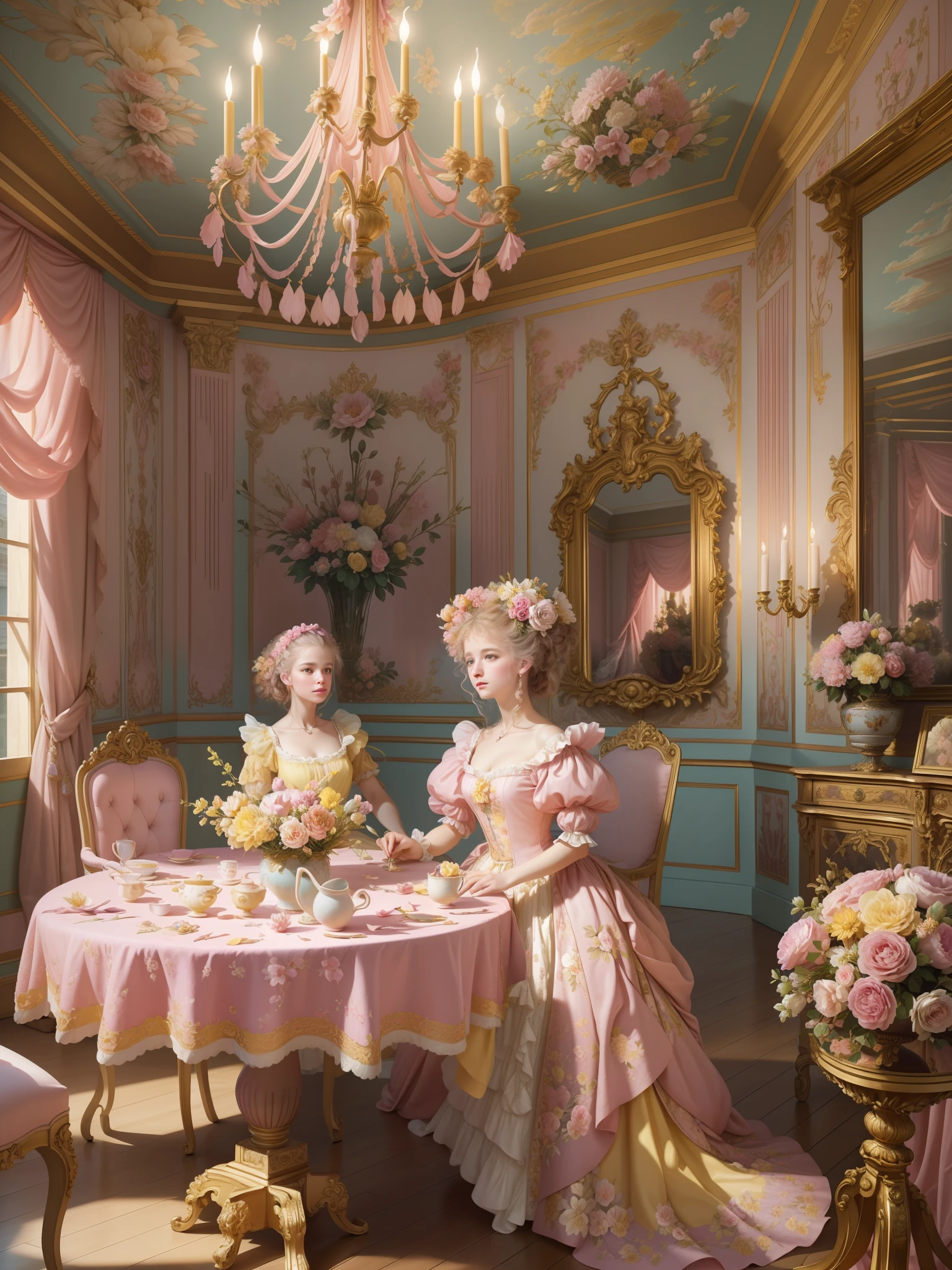 (Floral Art Association + Baroque + François Boquet + Jean-Honoré Fragonard + Jean-Baptiste Pat + Johanna Marie Fauci + Angelica Kaufmann), (pink + yellow) vase on the table, flowers, meticulous, dreamy, baroque elements, neon light. --auto --s2