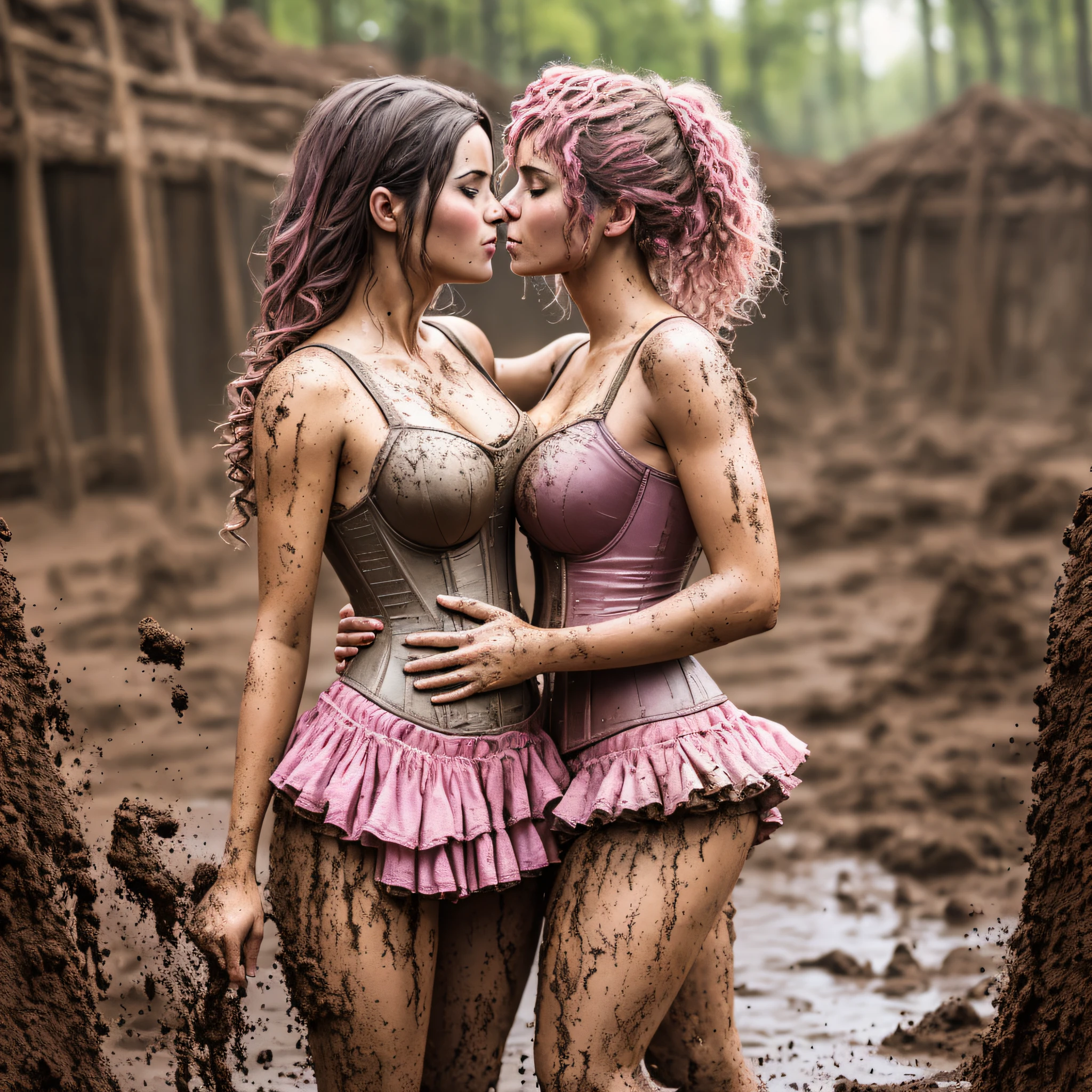 Hyperrealistic photography of two women kissing women, 30-year-old women smeared with mud, Lena Meyer district administrator, dance pose, pink underbust corset, ruffles, pink tulle skirt smeared with mud, pink high heels sandals smeared with mud, pink tights, the entire body, red curly hair and clothes are smeared with mud, high quality, realistic lighting, image center, Hourglass proportions, 8k, HDR, BDSM, medium chest size, long legs, tinted, professional photography of a woman, natural skin texture smeared with a lot of mud, 4K textures, Adobe Lightroom, Photolab, HDR, intricate, elegant, very detailed, sharp focus, insane details, intricate details, hyper-detailed, bright cinema light, outdoor atmosphere, chin pulled up, (exposed belly: 1.8 ), (remote shot), dominant facial expression