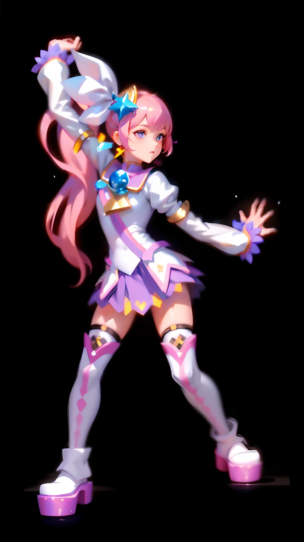 (lora:QuickHand:1.2), (Masterpiece:1.5), (Best quality: 1.5), 8k, (Perfect Hand: 1.5), 1 girl, perfect hand, pink eyes, watery eyes, delicate eyes, star-shaped eyes, beautiful eyes, closed mouth, pink hair, single ponytail, white top, pink pleated skirt, pink over-the-knee socks, white boots, (no background: 1.5), slim legs,