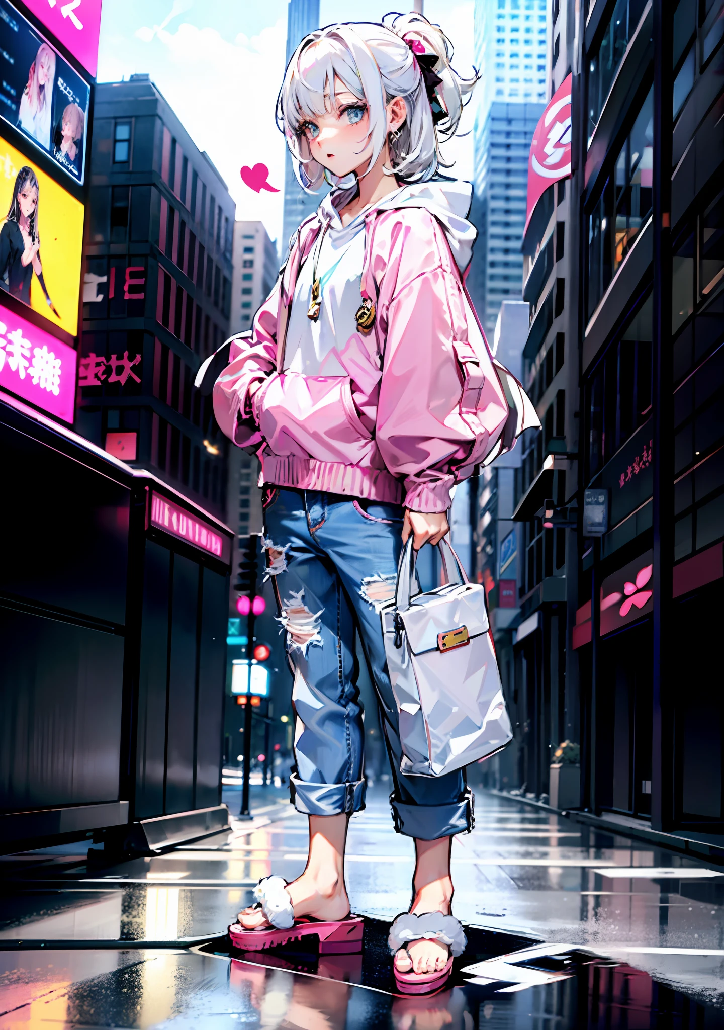 White hair, light eyes, laser textured pink clothes, jeans, cute slippers, bustling high-rise buildings in the background