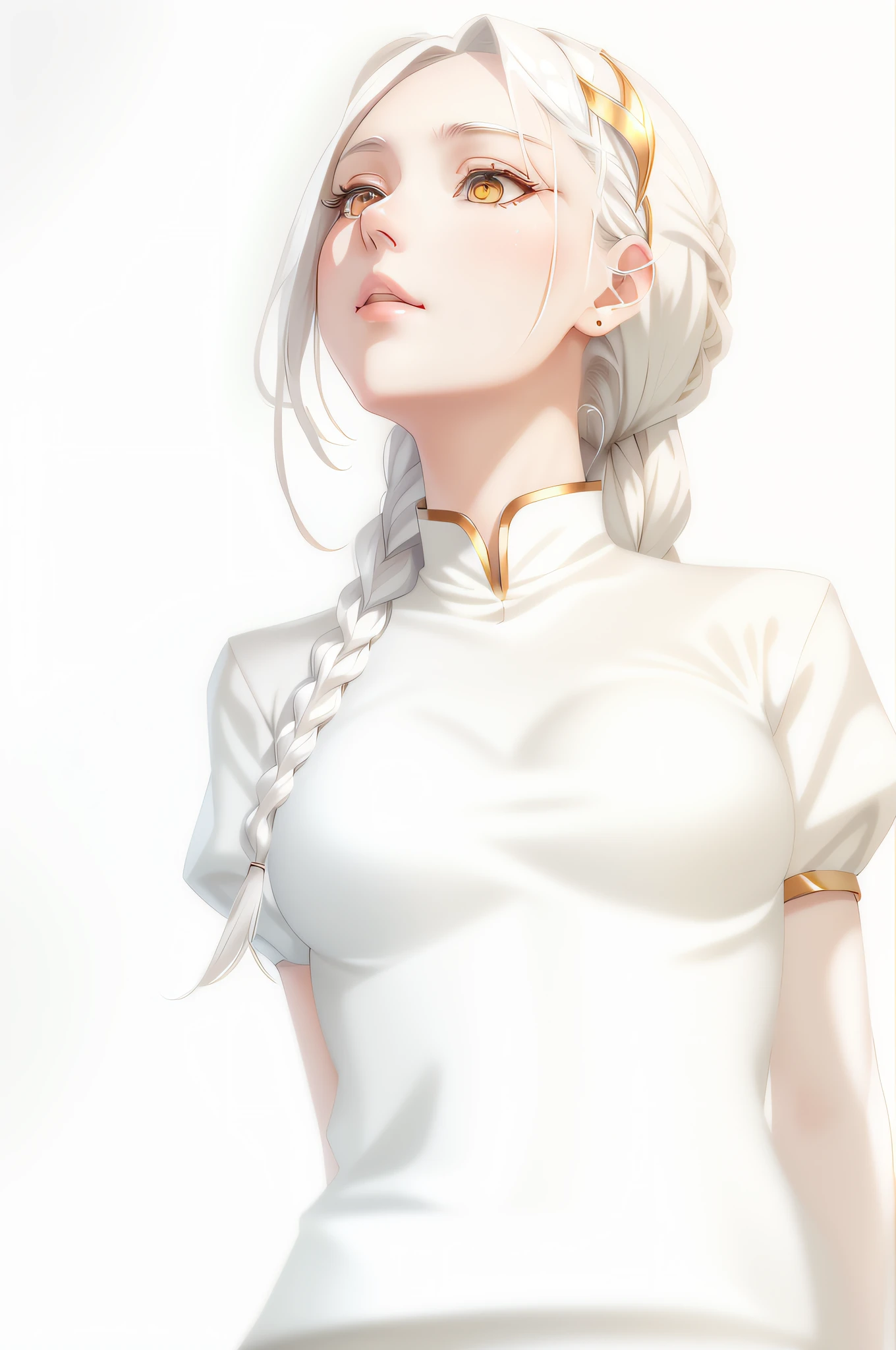 best quality, masterpiece,white hair, gold eyes,white clothes, looking up, upper body,hair strand,Fair skin,side braids