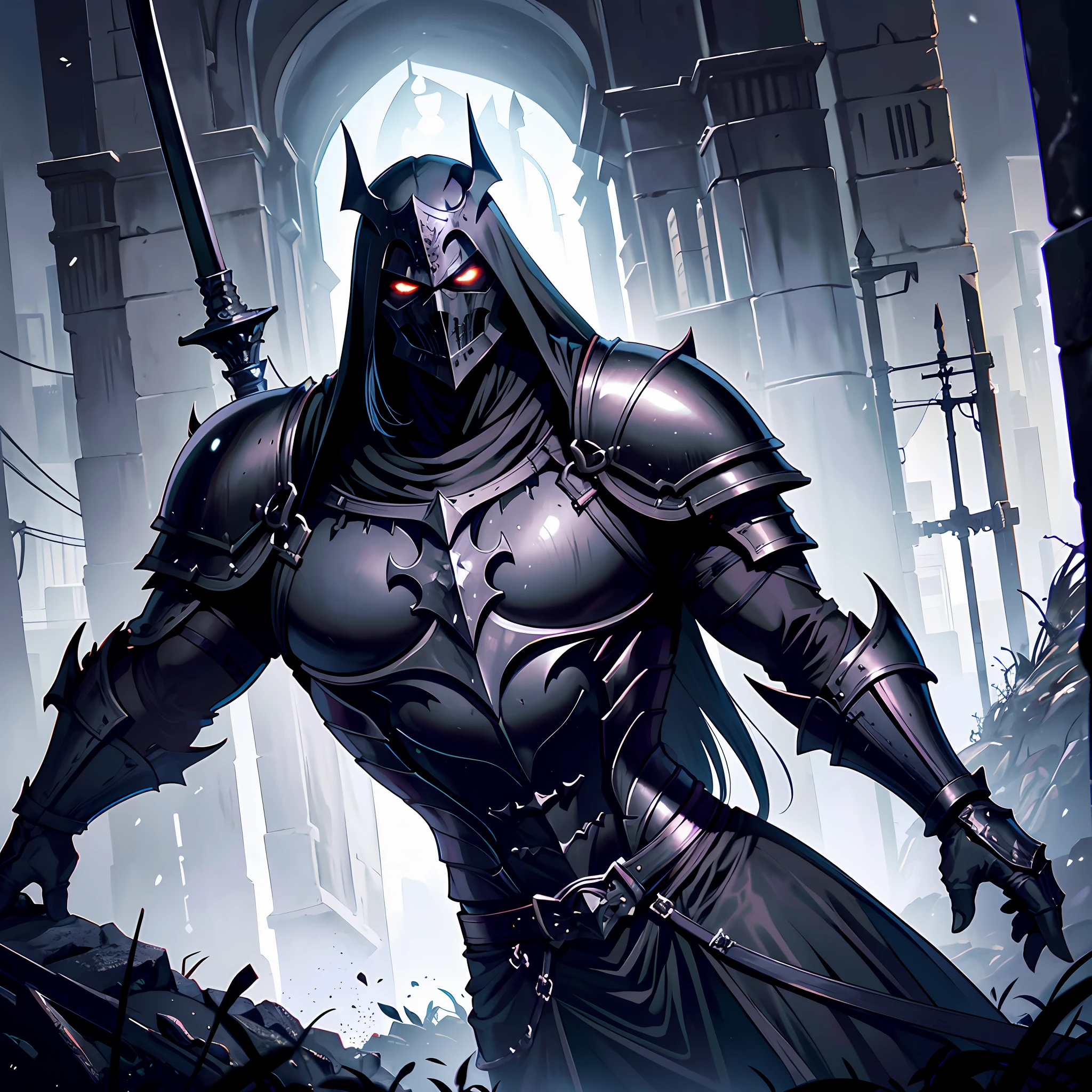 "incredibly detailed image of an imposing Black Knight with his medieval sword, both dark and sinister, in epic pose, with full Gothic armor that covers his entire sturdy and menacing body, surrounded by darkness."