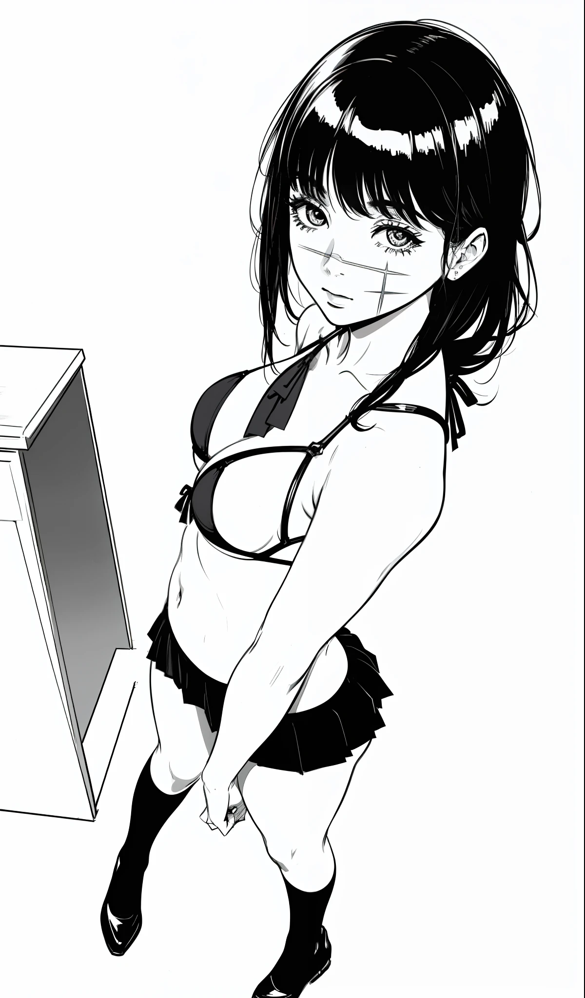 1girl, posing, sexy, bikini, micro bikini, full body, lineart, monochrome, scar, school stockings, white background, bottomless, best quality, good anatomy, perspective from above, black hair