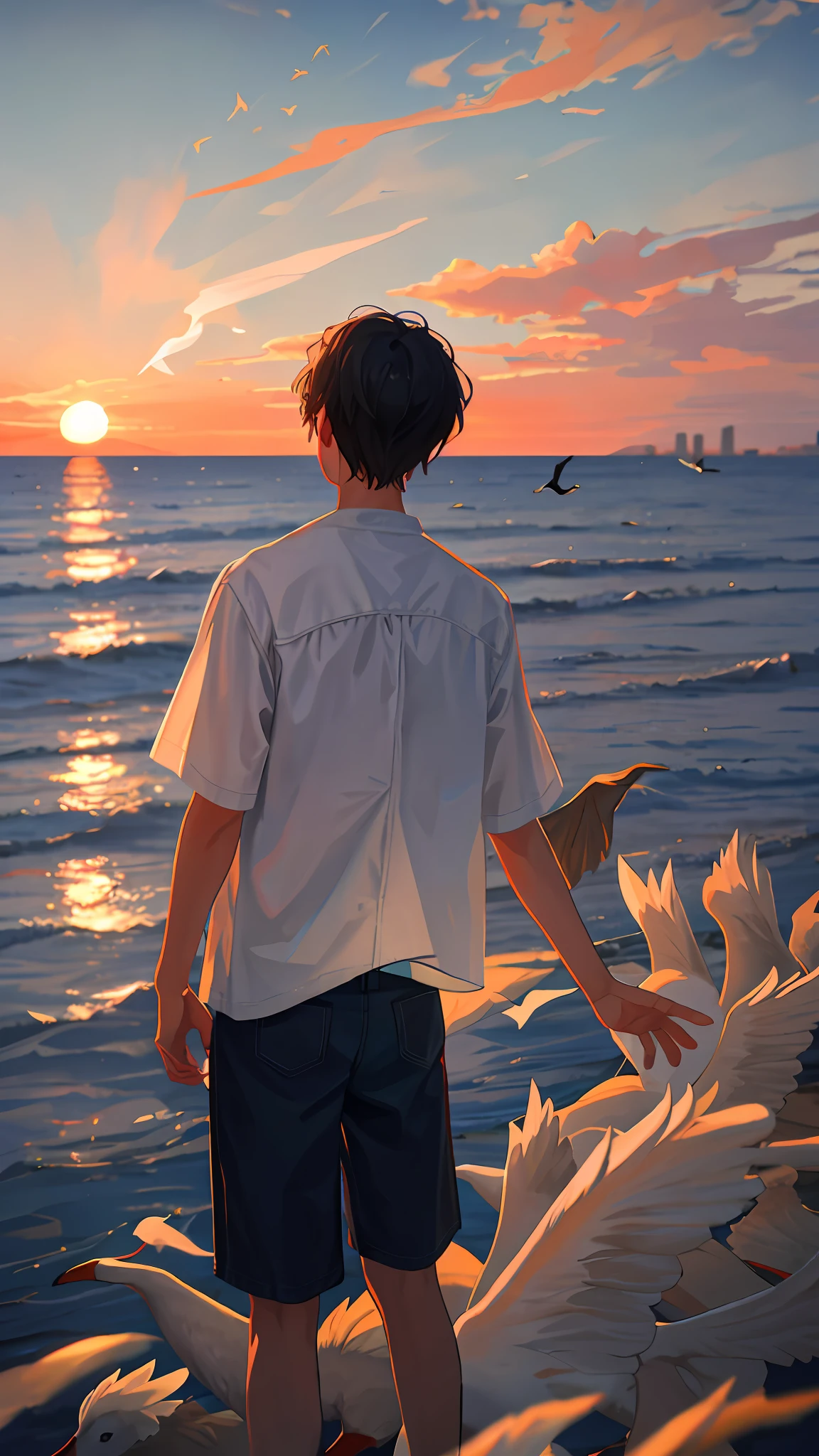 1 boy, white shirt, back to spectator, sunset sky, sea, wild geese
