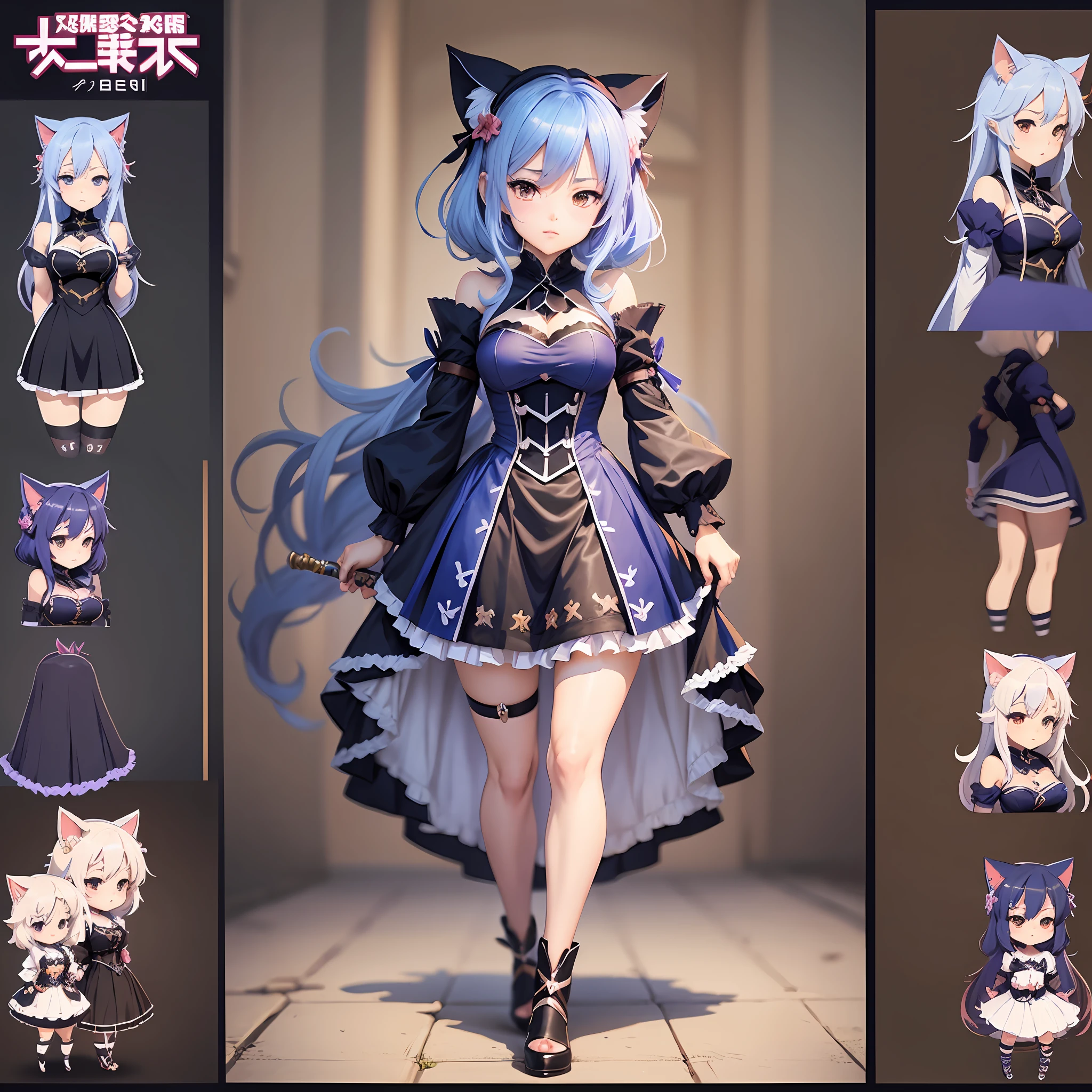 Anime characters with swords and dresses and cats, Azure Lane style, Kilo wind pixel art, Ecchi anime style, Anime character design, best anime character design, anime goddess, anime full body illustration, ecchi style, cute anime character design, anime character reference sheet, anime character art --auto --s2