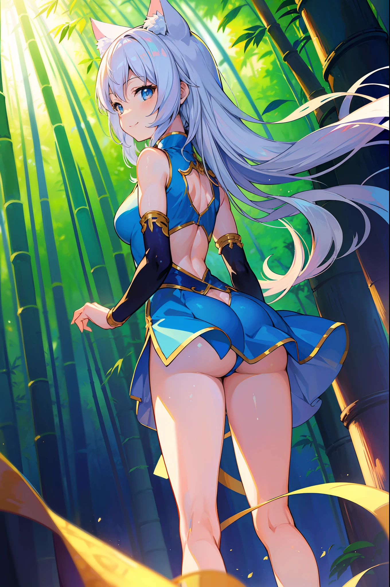 (Masterpiece), (Top Quality Anime Illustrations), (Ultra High Definition CG), One Girl, Solo, Beautiful Girl with Silver Hair, Anime , Cat Ear Lolitite, Thigh Emphasis, Light Blue and Gold and Silver Cheongsam, Side Breasts, Side, Smile, Buttocks, Buttocks Up, Back Cutout, Bamboo Forest