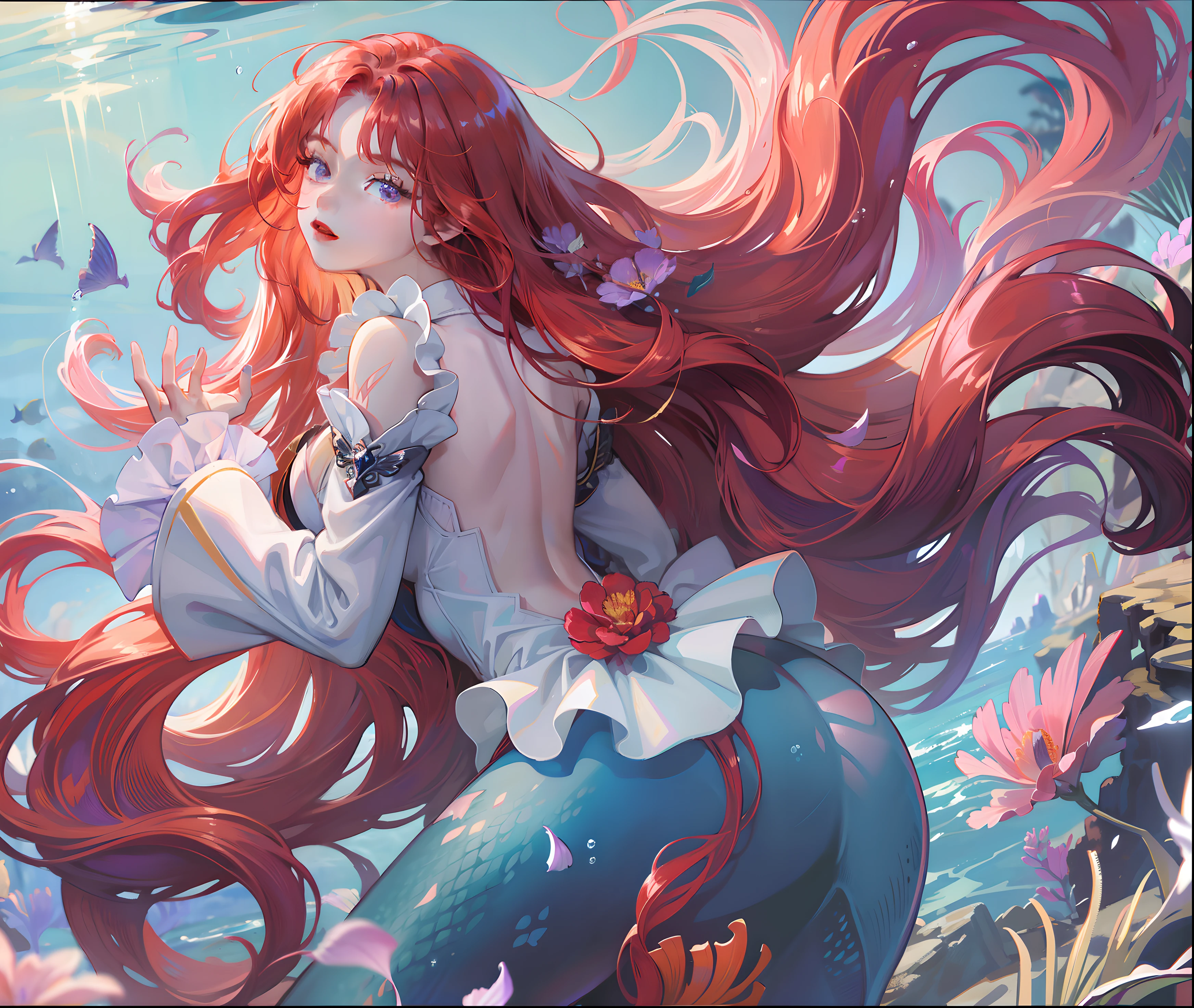 Ridiculous, High Resolution, Ultra Detailed), 1 Girl, Solo, Mature, (Long Red Hair Purple), Fanatic, Long Sleeves, Elegant, Holy, Colorful, Supreme Detail, Underwater, Floating Hair, Flower, Back, Upper Body Colorful White Man Tail Mermaid