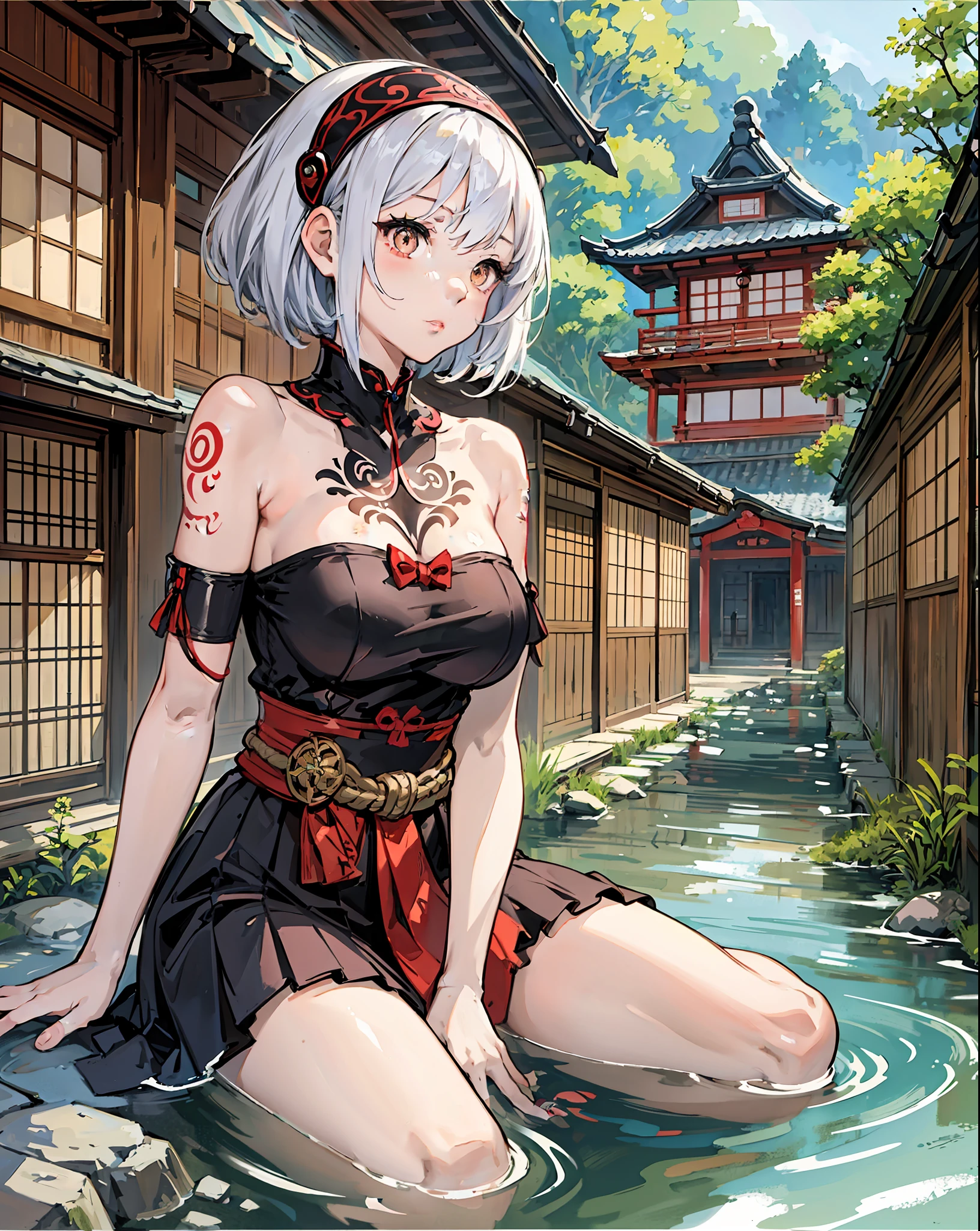 Detailed portrait of Japanese girl, skinny girl, pear shape body, red and black, old anime style, (anime), (teen girl:1.2), Ghibli style, boobs, (tatoos:1.2), strapless, shirt collar, kneeling, looking away, in a river, flat colors, intricate, intricate dress, beautiful face, short hair, white hair, Headscarf, river, landscape, masterpiece, best quality, old japanese house