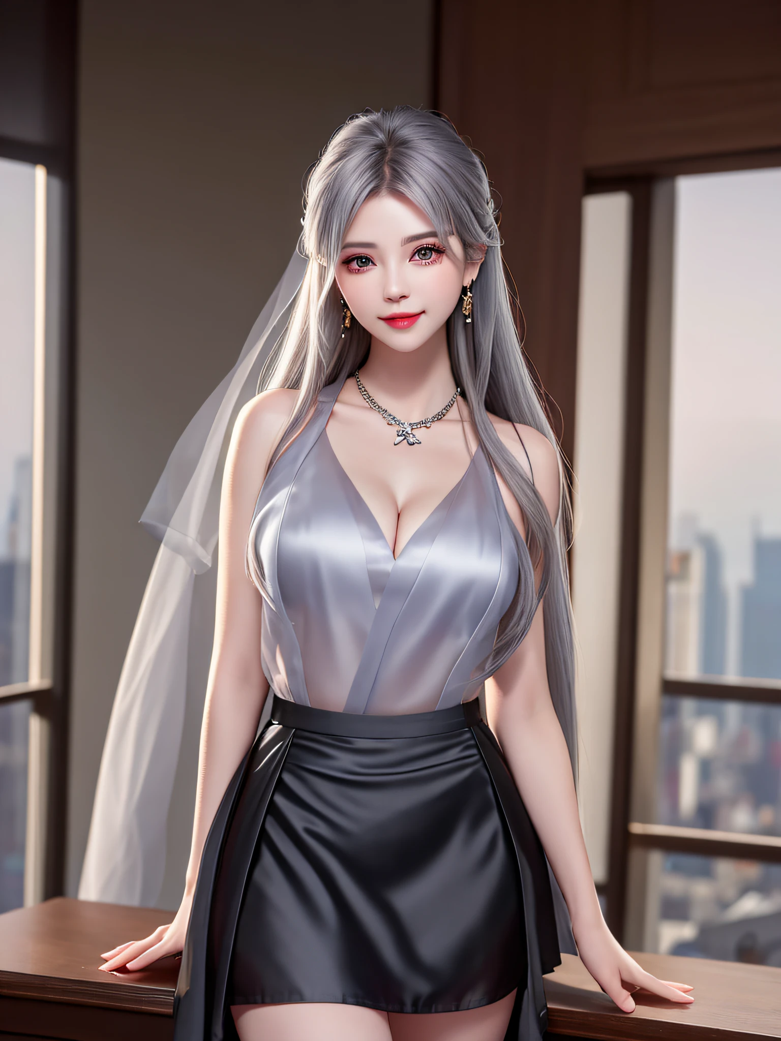 Female teacher standing in classroom v6, necklace, earrings, full body v6, (((long gray hair)), ((translucent silk black mini dress, skirt)), cleavage emphasis, sleeveless, short, looking, superb, ultra high definition, RAW photography, realism 1.25), (bright lip gloss, long eyelashes, smooth) face, bright skin, natural shadows, wide light, wide light, depth of field, strong colors, Subtle caustics: 0.8), smiling, (big), V6 with contempt and arrogance and elegance, with windows showing different buildings in the city,
