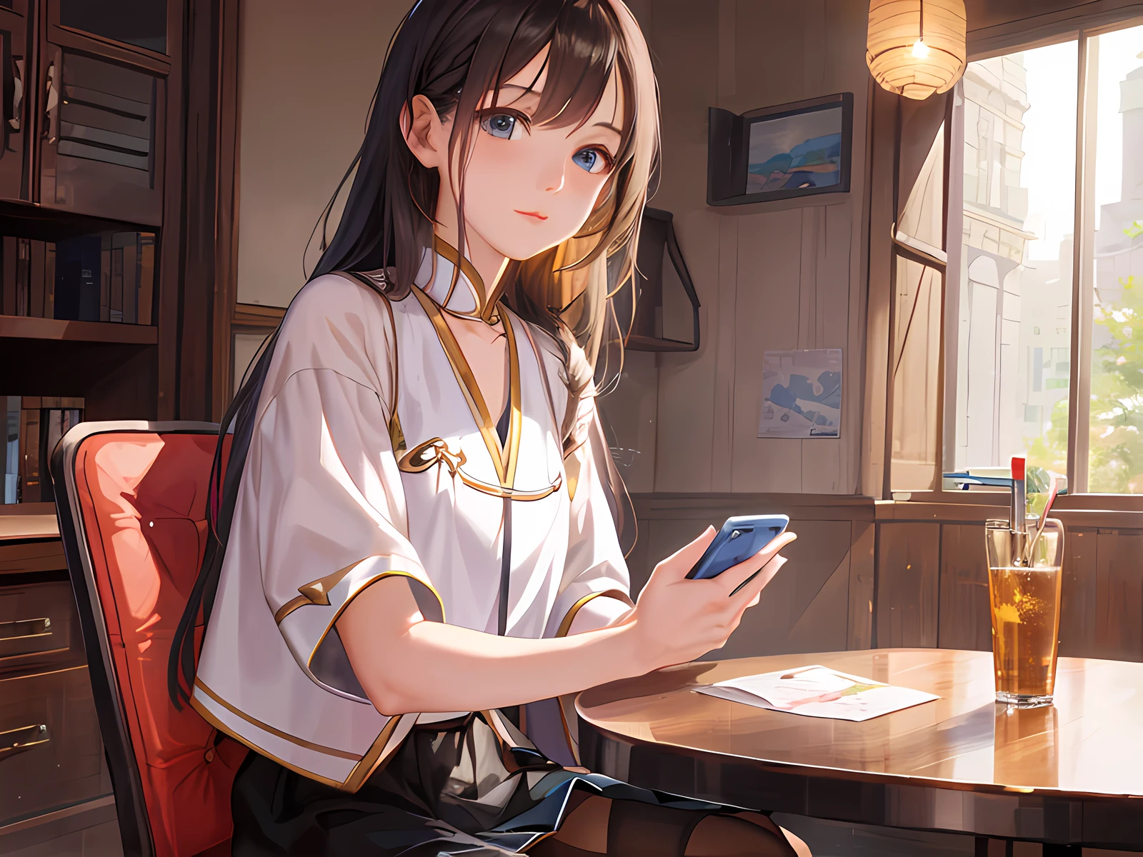 Anime girl sitting at table, she holds smartphone, Guvez style artwork, trends on cgstation, realistic cute girl painting, inspired by Ma Yuanyu, Li Fangying, smooth anime CG art, long hair anime girl