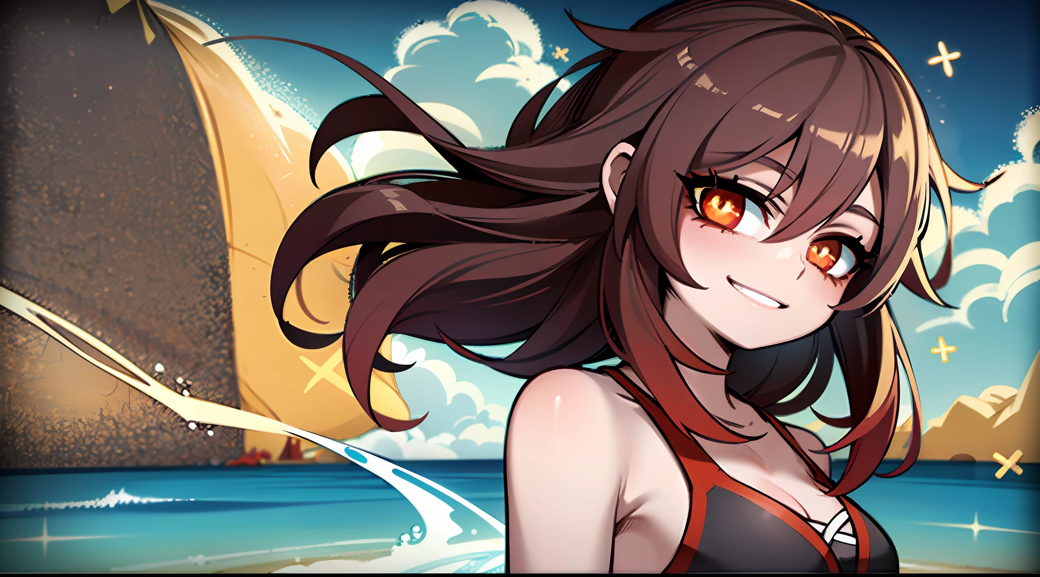 "Masterpiece, high quality, (anime), best quality, dynamic lighting, dynamic background, smiling, hu tao(genshin impact), brown hair, red eyes, star pupils, boo tao, glow from behind, very detailed face and eyes, ((swimsuit)), ((background: beach)), ((1girl)), dynamic pose,