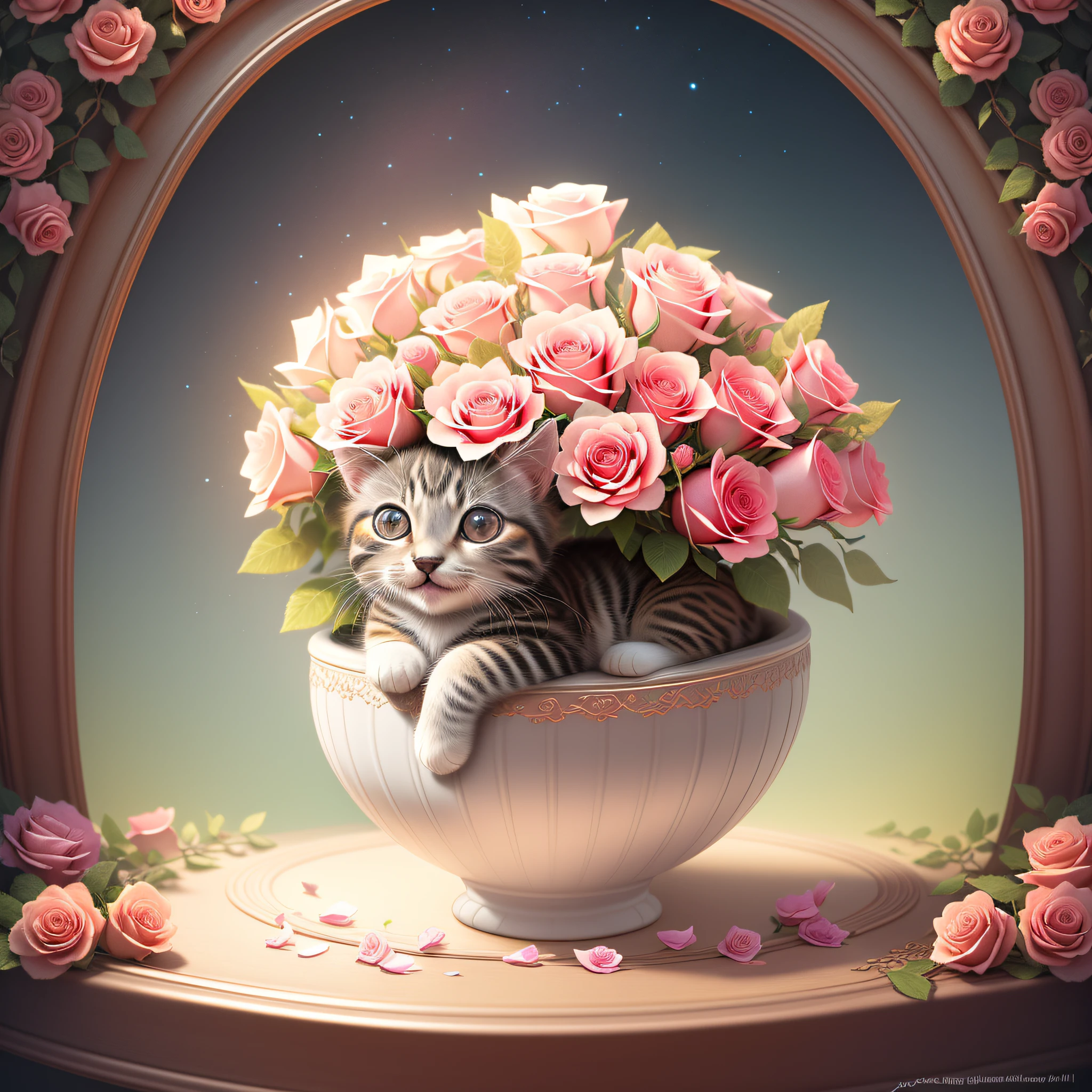 In this ultra-detailed CG art, the adorable kitten surrounded by ethereal roses, best quality, high resolution, intricate details, fantasy, cute animals