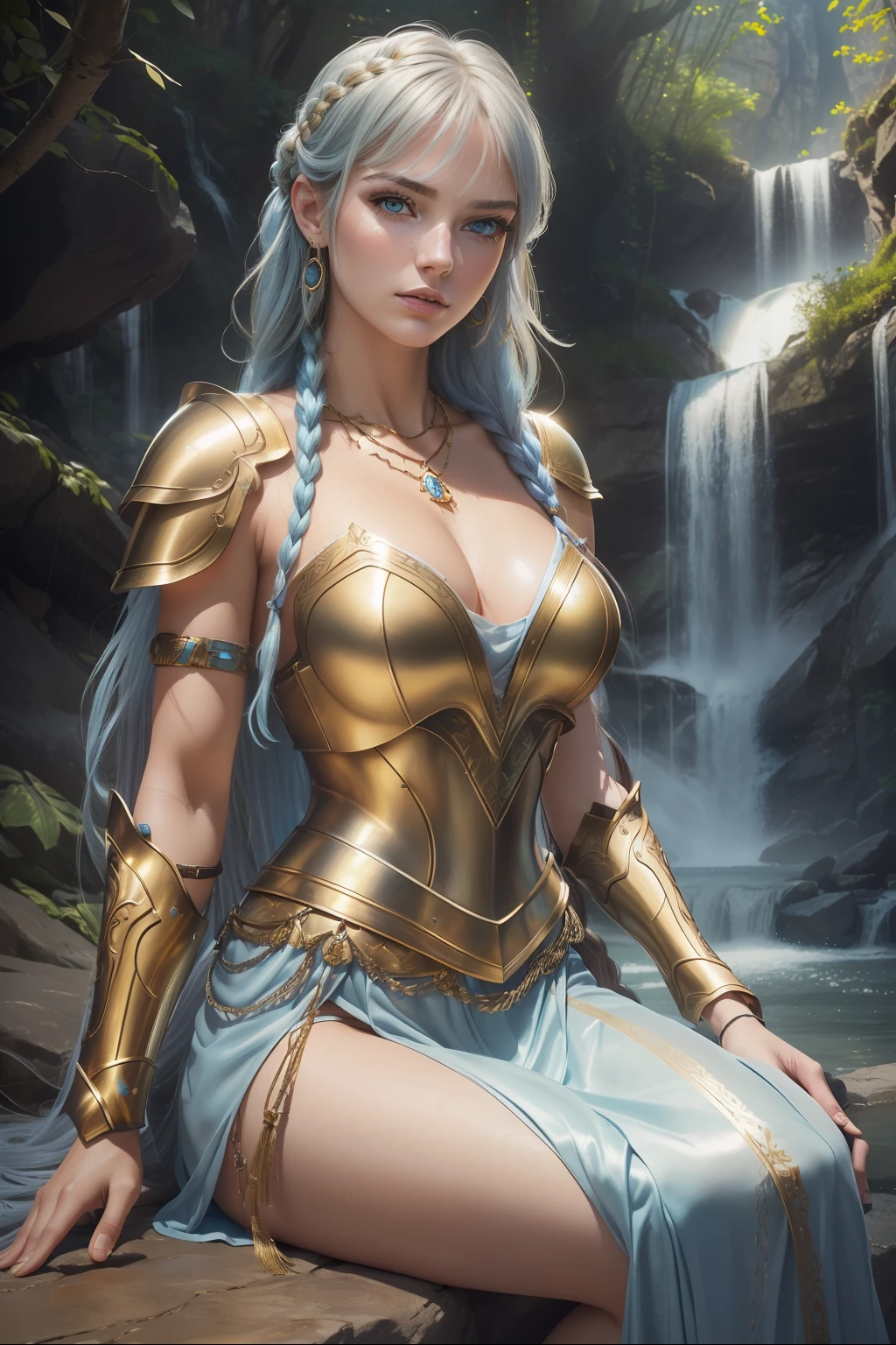 ((best quality, realistic photo, RAW photo, detailed skin and eyes, beautiful female, 20yo, beautiful makeup, natural light)), (loose gold metallic full armor), necklace, cowboy shot, sitting, female_orgasm, light blue side braid long hair, (detailed bang), (Waterfall background)