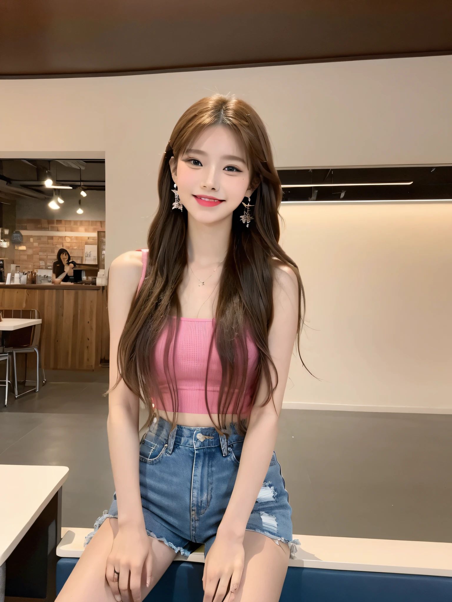 In the café, 1 girl, hairpins, earrings, jewelry, brown hair, looking at the audience, lips, playful, sitting in front of the drawing board, drawing, thighs, full body, pink top, strappy denim shorts, holding a coffee cup, with a sweet smile on her face, arms swinging naturally, seemingly dancing in harmony with the surroundings. Her breath is full of vitality and vitality, as if her whole body is venting the energy of youth. The whole picture is made more vivid by her presence, making people feel endless joy and vitality.