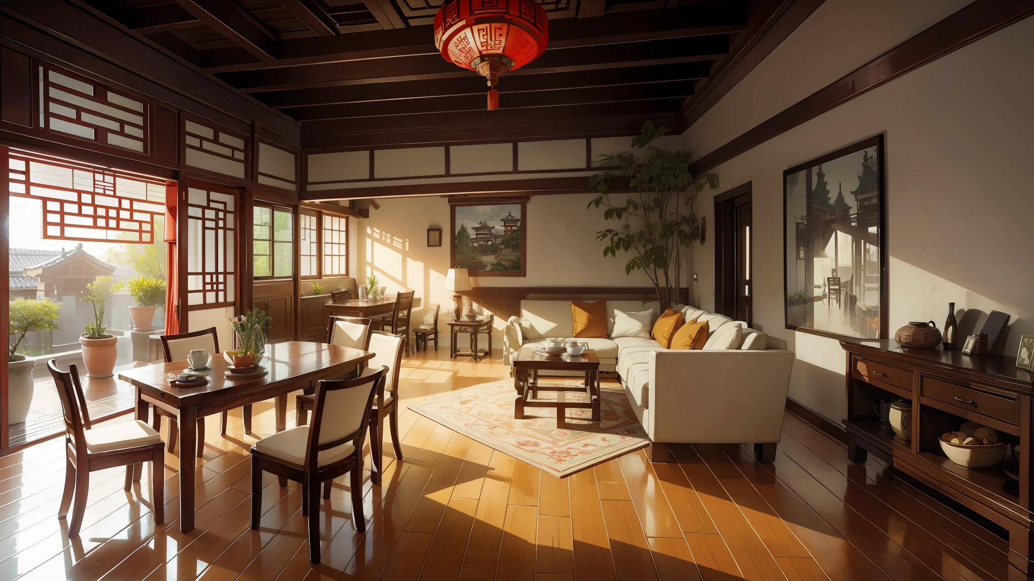 Dining room combined with living room, chinese style, ceiling brick walls, tile roof, overlooking the large garden, it rains