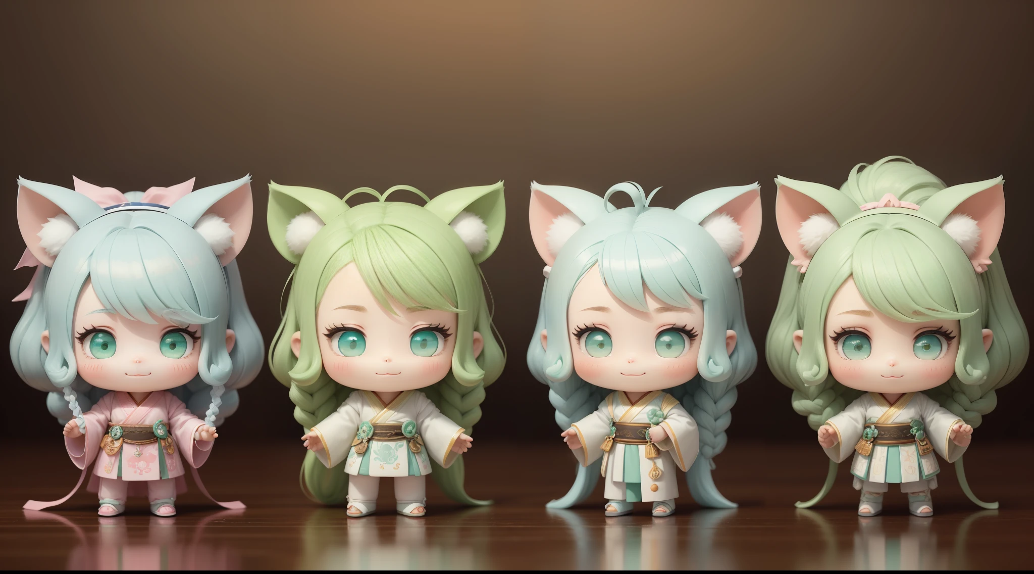 (the same pig, front, side, back) big ears, happy smile, (wearing hanfu) hairy, fluffy hair, soft ((best quality)), ((masterpiece)), (hair accessory)( extreme detail, highest detail, official art, beauty and aesthetics: 1.2) (chibi), generate front view, side view, rear view 3 views , (beautiful and detailed eyes: 1.3), (very happy: 1) (light mint green and gradient white), popmart blind box, clay texture, cloud decoration