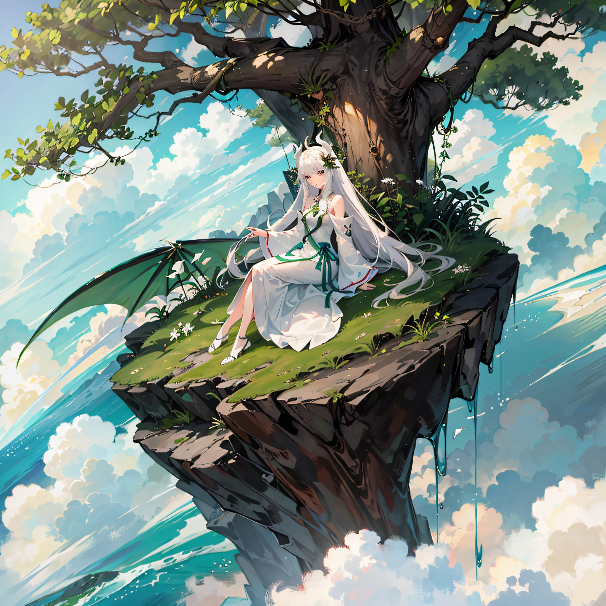 The girl in a white dress was lying on the tree trunk extending from the edge of the cliff, and the green mountains and forests in the distance were full of clouds, and a white dragon loomed among the clouds A slender oriental dragon traveled through the clouds, looking back at the girl on the trunk from time to time The girl had dragon horns on her head and a slender dragon tail behind her --auto --s2