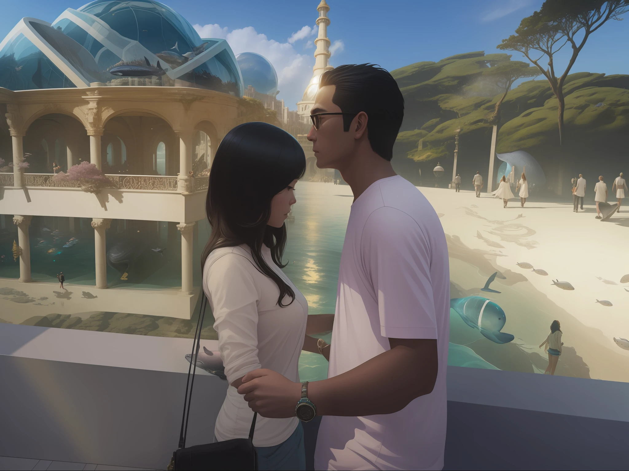 sea floor view of (relationship) walking through bustling street of atlantis, huge glass dome with whales swimming above, concept art, low angle, high detail, cool lighting, volumetric, godrays, vivid, beautiful, trending on artstation, by tooth wu and wlop and beeple, cinematic,weeding,Love,Natural