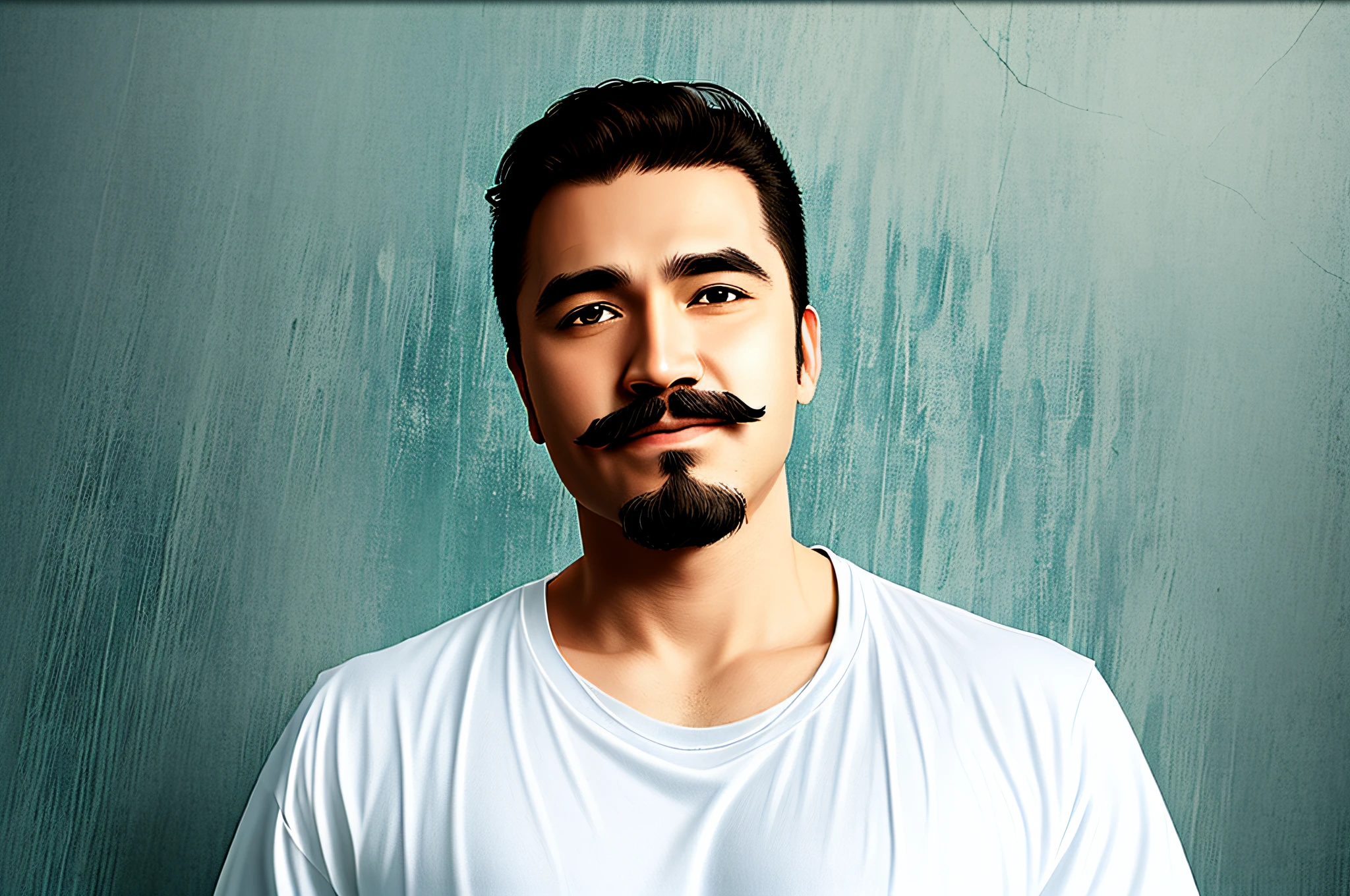 There is a man with a mustache and goatee and white T-shirt, anime, realistic animation style