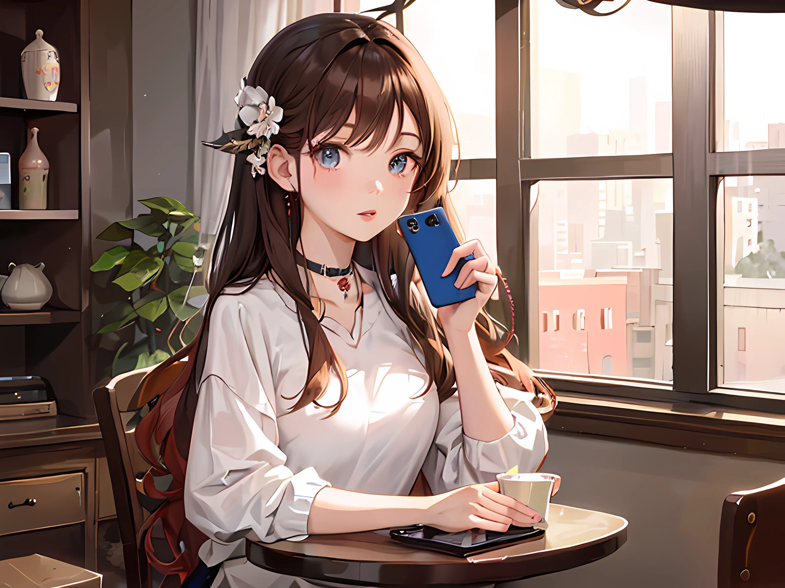 Anime girl sitting at table looking at mobile phone, attractive anime girl, anime girl, beautiful anime girl, she holds a smartphone, smooth anime CG art, cute anime girl, anime visual of cute girl, popular on cgstation, guvez style artwork, seductive anime girl, beautiful anime high school girl