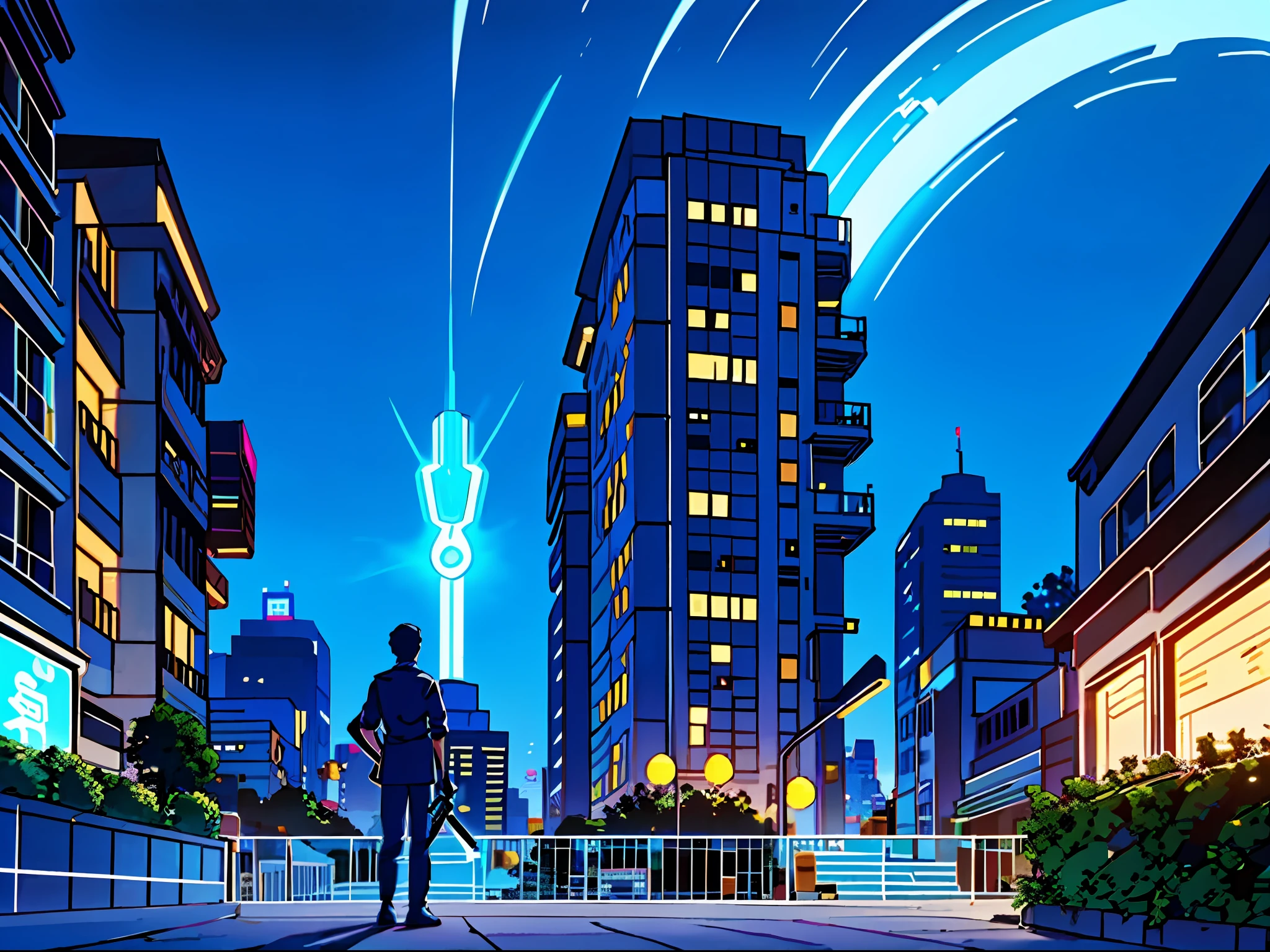 Sky, Clouds, holding_weapon, no_humans, Glow, Robots, Architecture, Science Fiction, Cities, Reality --v6