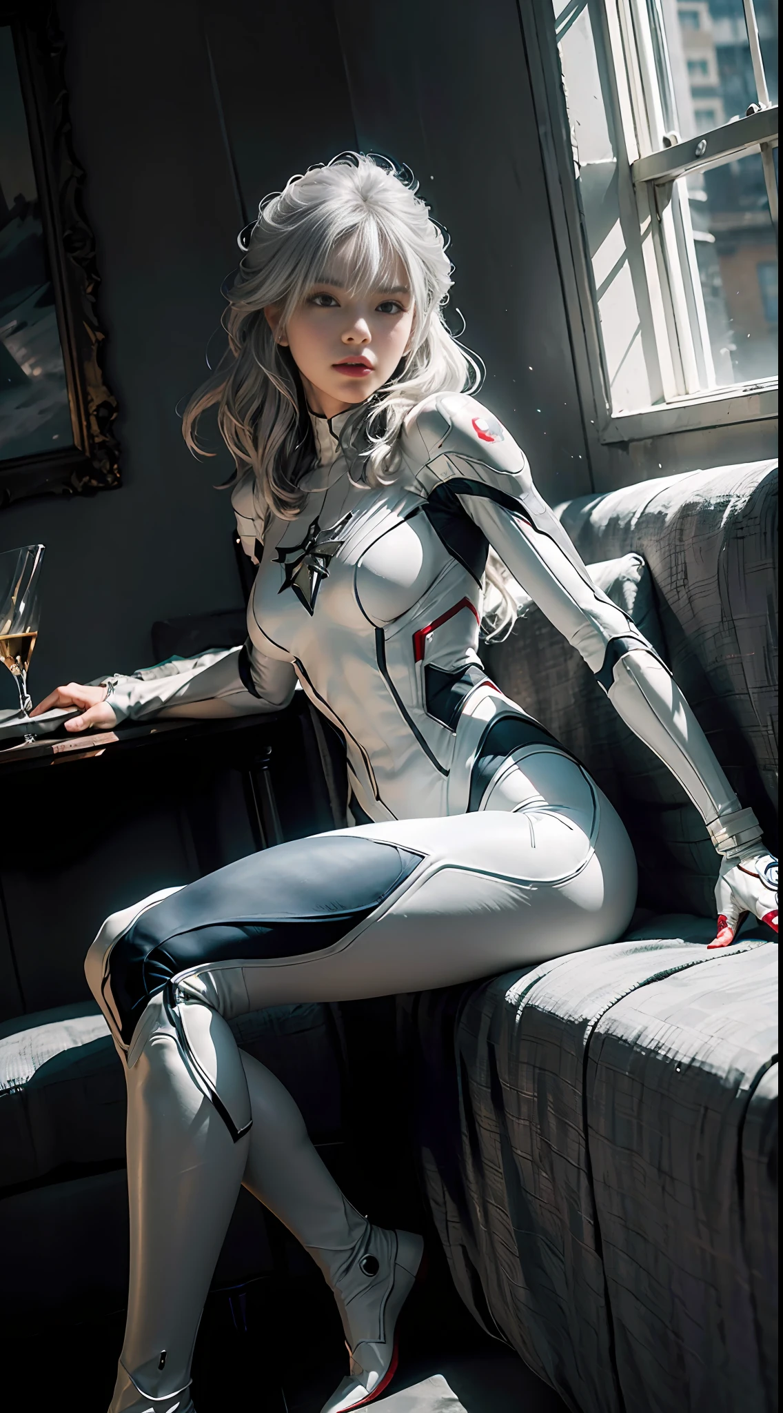 (Extreme Detail CG Unity 8K wallpaper, masterpiece, highest quality), (exquisite lighting and shadow, highly dramatic picture, cinematic lens effect), a girl in a white spider-mech costume, silver-gray hair color, from the Spider-Man parallel universe, Wenger, Marvel, Spider-Man, sitting on the couch, dynamic pose), (excellent detail, excellent lighting, wide angles), (excellent rendering, enough to stand out in its class), with a focus on white Spider-Man costumes, complex spider textures