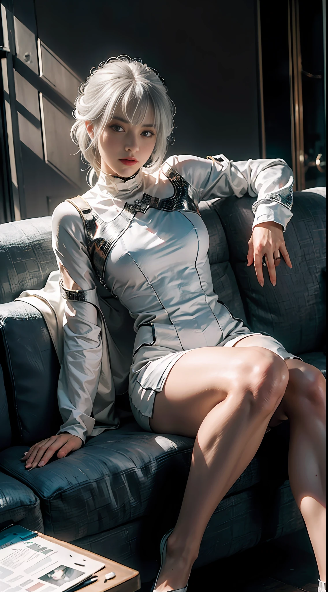 (Extreme Detail CG Unity 8K wallpaper, masterpiece, highest quality), (exquisite lighting and shadow, highly dramatic picture, cinematic lens effect), a girl in a white spider-mech costume, silver-gray hair color, from the Spider-Man parallel universe, Wenger, Marvel, Spider-Man, sitting on the couch, dynamic pose), (excellent detail, excellent lighting, wide angles), (excellent rendering, enough to stand out in its class), with a focus on white Spider-Man costumes, complex spider textures