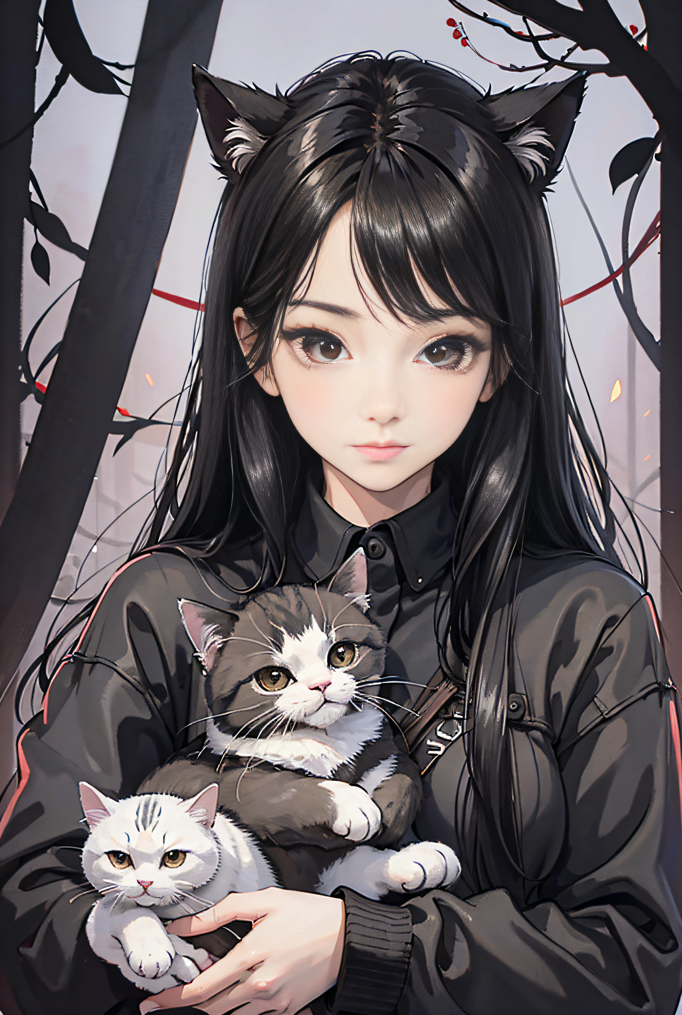 1girl,black hair,solo,holding animal,looking at viewer,black eyes,holding,long hair,holding cat,realistic,le backupper body,long sleeves
