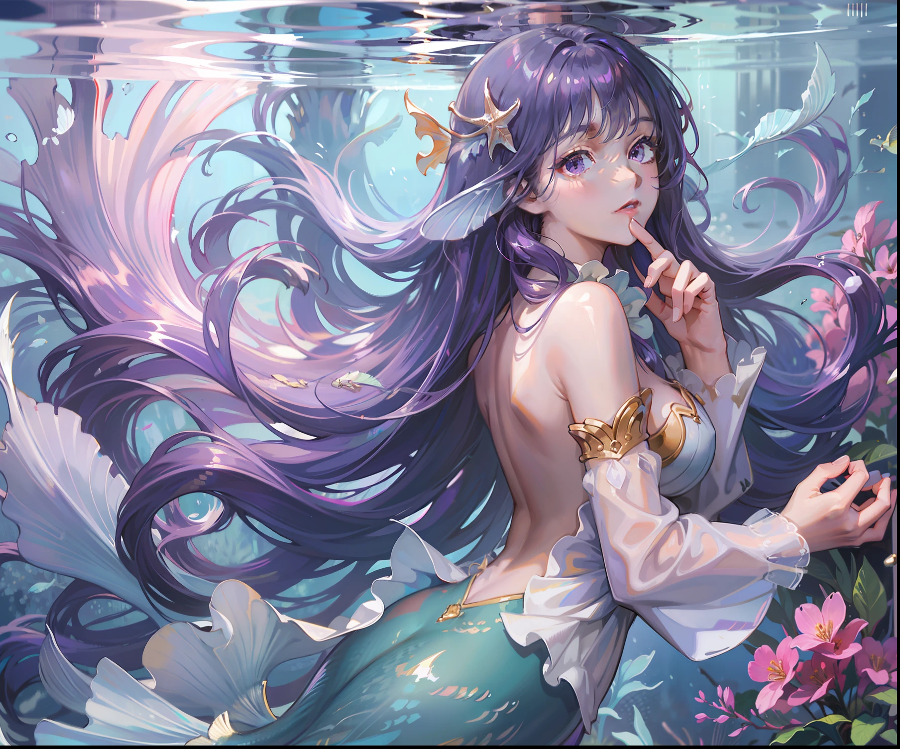 Ridiculous, High Resolution, Ultra Detailed), 1 Girl, Solo, Mature, (Long Hair Purple), Fanatic, Long Sleeves, Elegant, Holy, Colorful, Supreme Detail, Underwater, Floating Hair, Flower, Back, Upper Body Colored White Mermaid Tail Mermaid Full Body Fish Scales