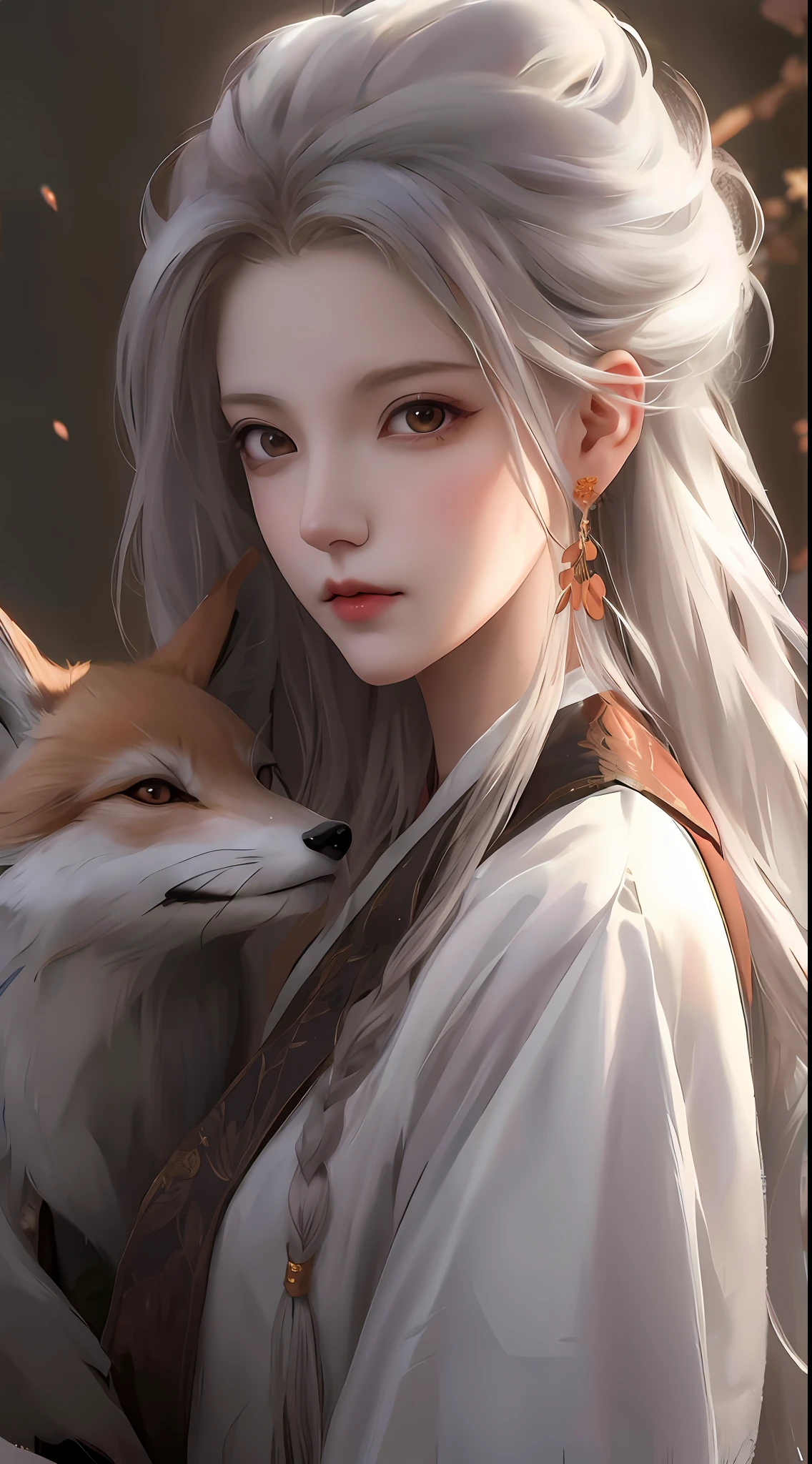 anime girl with long white hair and fox, white - haired fox, a beautiful fox lady, girl with fox ears, artwork in the style of guweiz, a beautiful kitsune woman, guweiz, by Yang J, white fox, fox nobushi, kitsune, ethereal fox, by Fan Qi, white fox anime, beautiful character painting