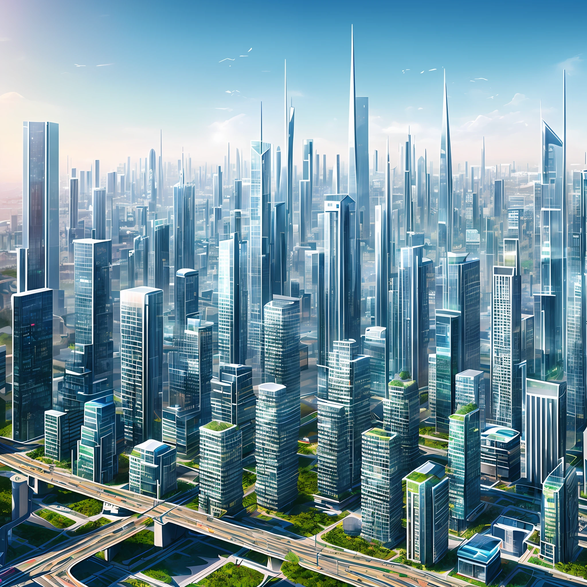 Highly realistic and highly detailed digital representation of a futuristic urban scene. (Shown in an 8KB illustration in focus with sophisticated architecture, advanced technology and cityscapes like magic city