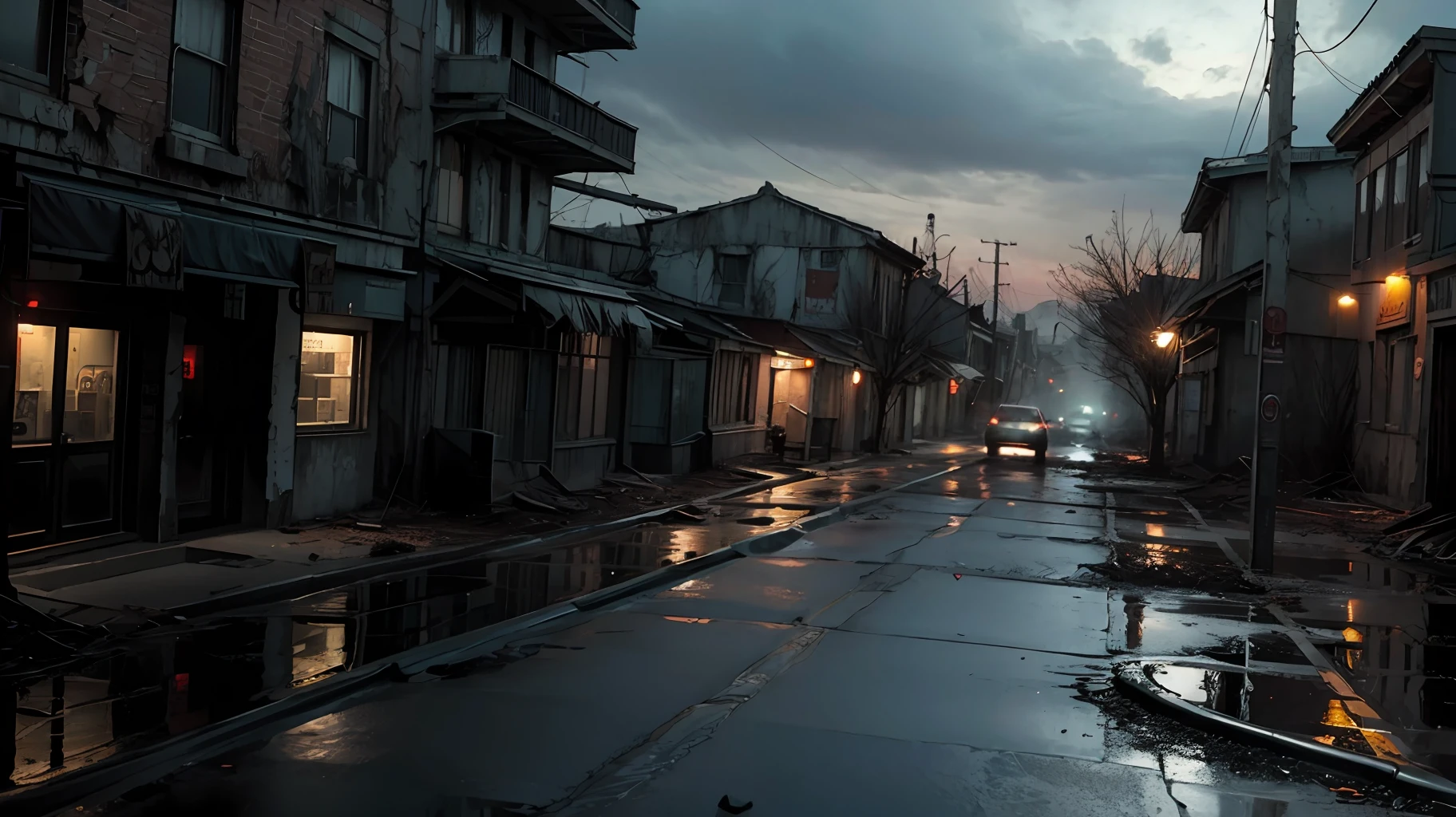 Landscape, night, abandoned city, zombie apocalypse, resident evil aesthetic