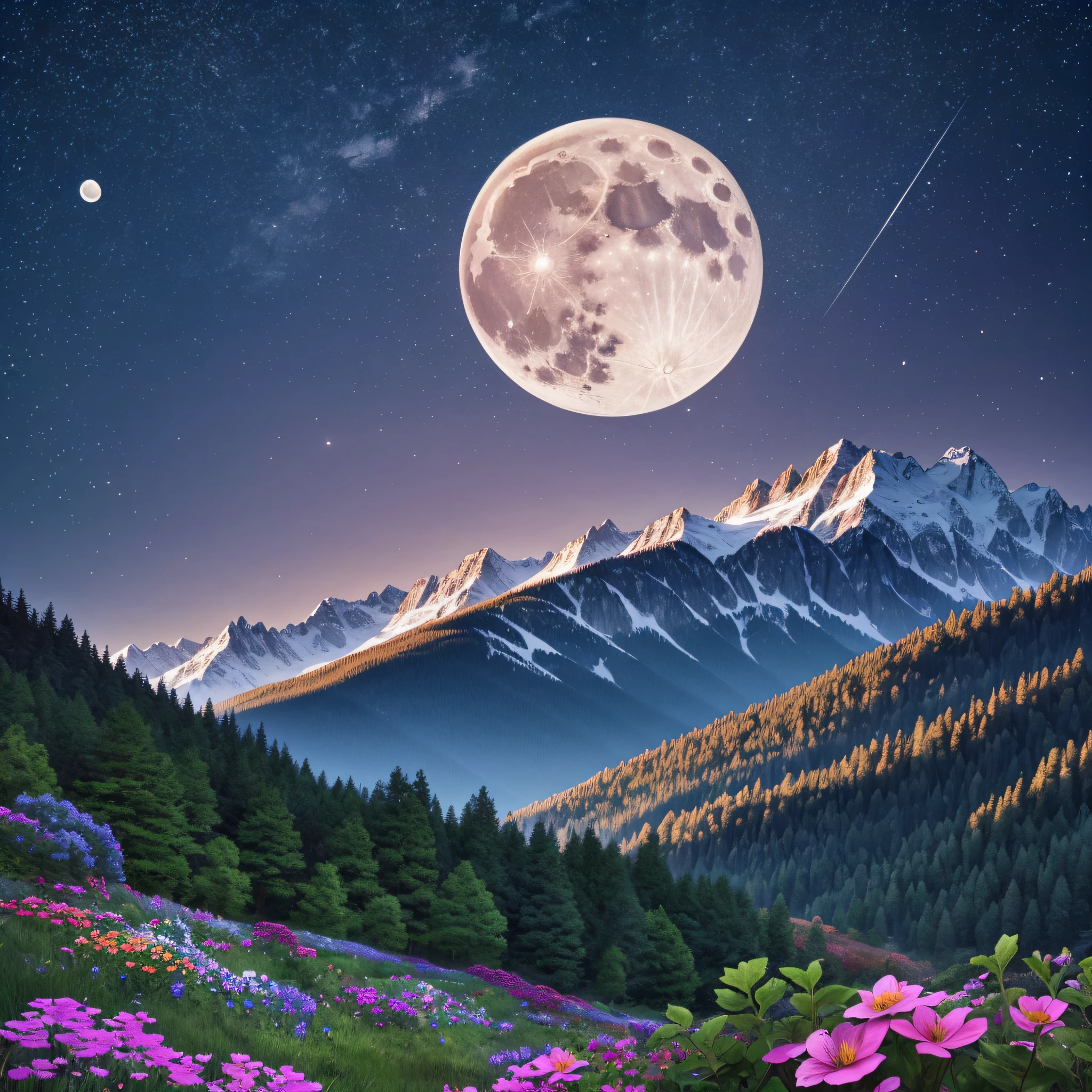 masterpiece, best quality, high quality, High definition, High quality texture, High quality shadow, high detail, beautiful detailed, Night, Full Moon, Moon Light, Star, Mountain Background, Beautiful Flower beds, Farmhouse, Wallpaper 4k, Best landscape Photo, --auto --s2