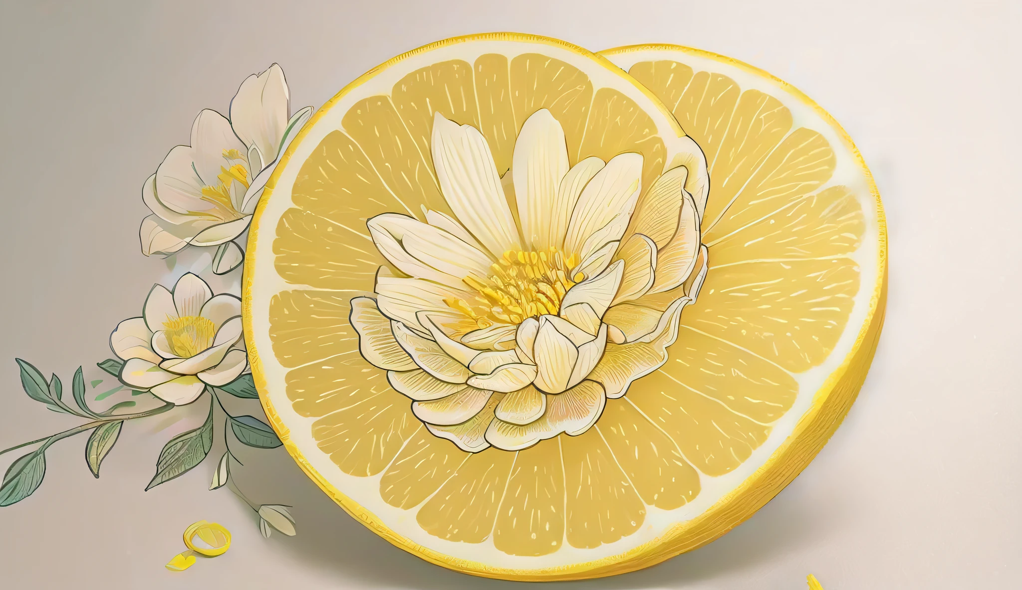 White background, line drawing flowers, line drawing, delicate petals, texture, small fresh, fashionable, lemon yellow, baroque, simple white, flat --auto --s2