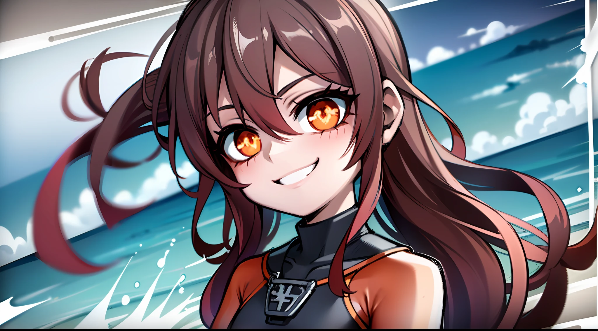 "Masterpiece, high quality, (anime), best quality, dynamic lighting, dynamic background, smiling, hu tao(genshin impact), brown hair, red eyes, star pupils, boo tao, glow behind, very detailed face and eyes, ((wetsuit)), ((background: beach 1.4)), ((1girl)), dynamic pose, (((small chest)))