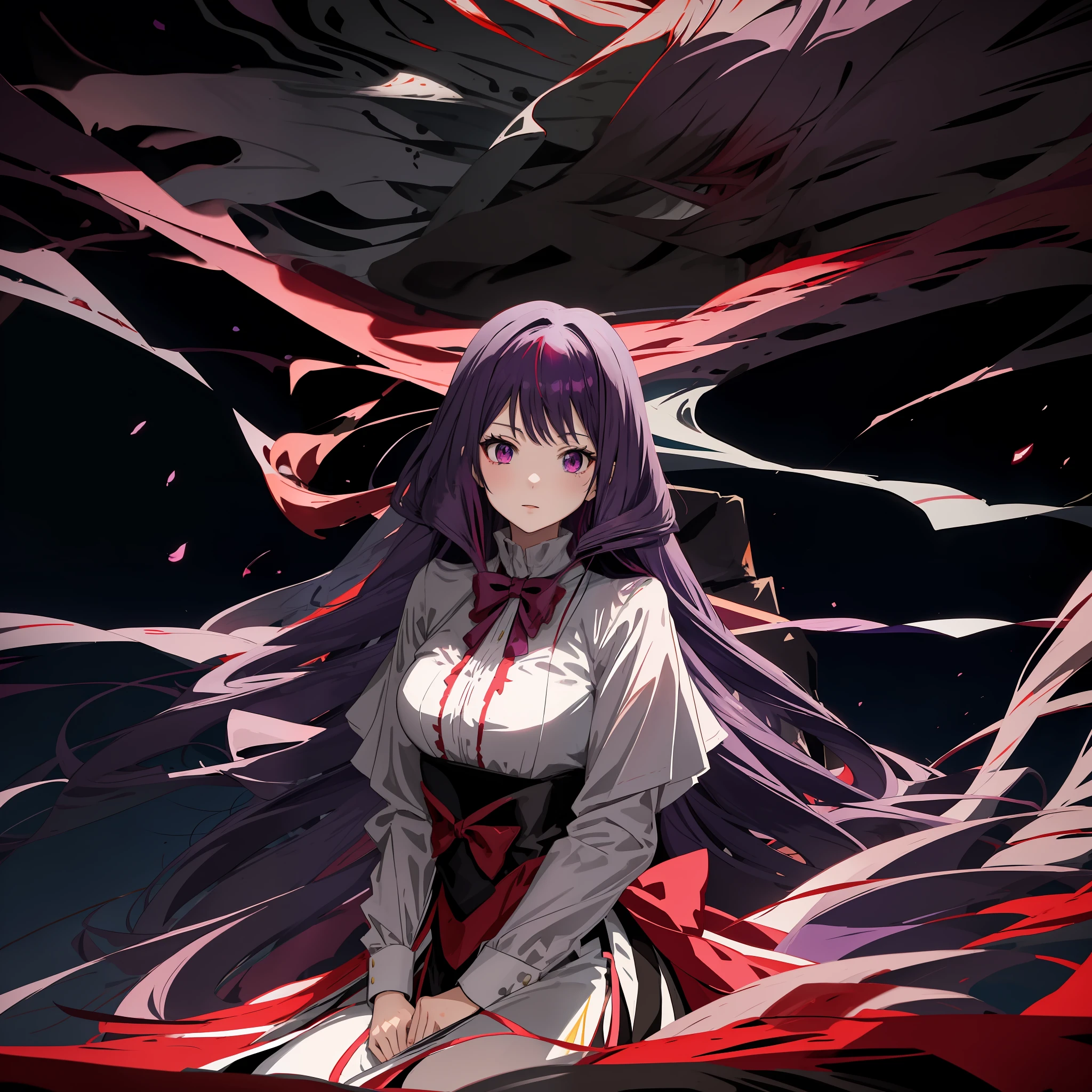 Anime girl with long dark purple hair and white shirt with red and black stripes, plus moe, gothic shoujo anime girl