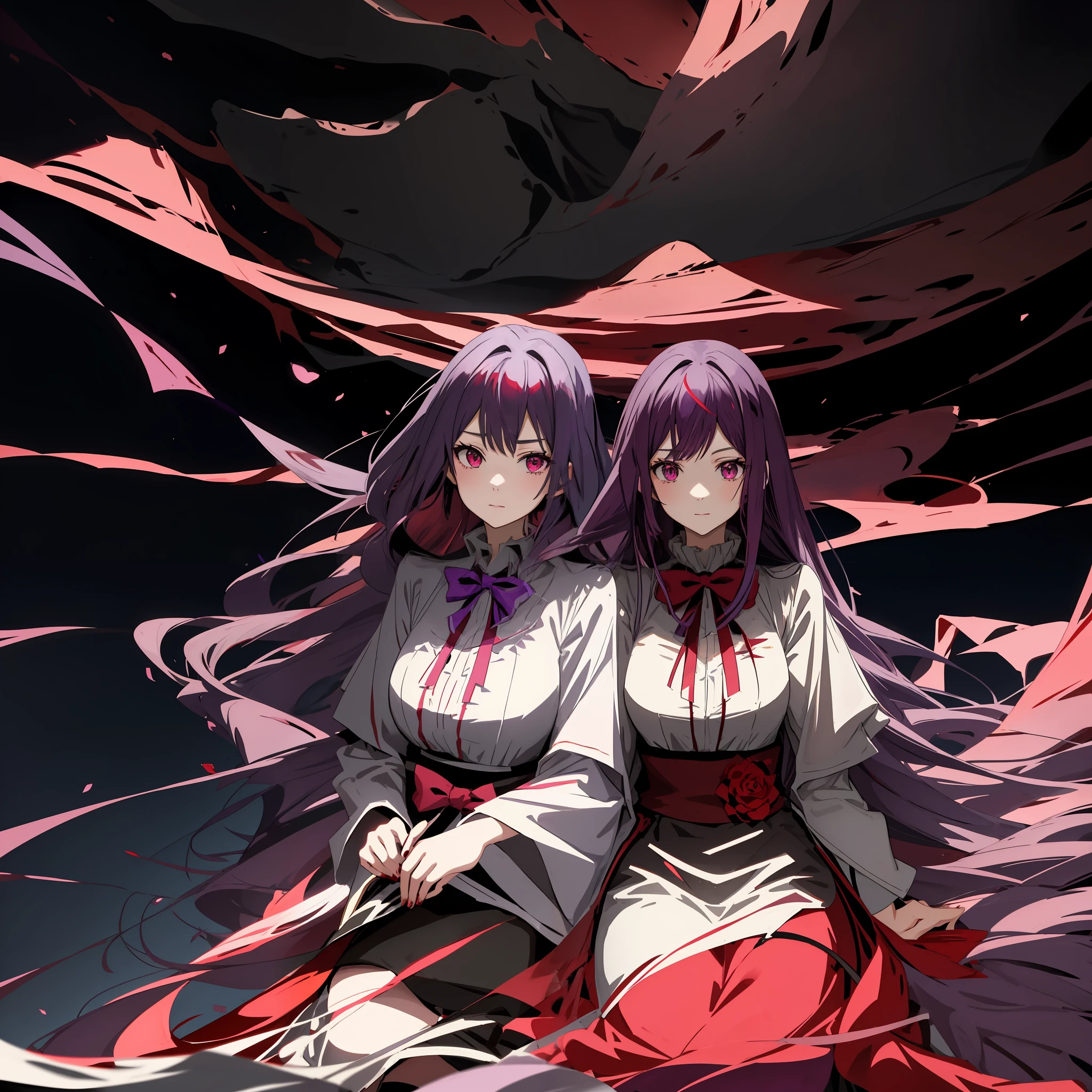 Anime girl with long dark purple hair and white shirt with red and black stripes, plus moe, gothic shoujo anime girl