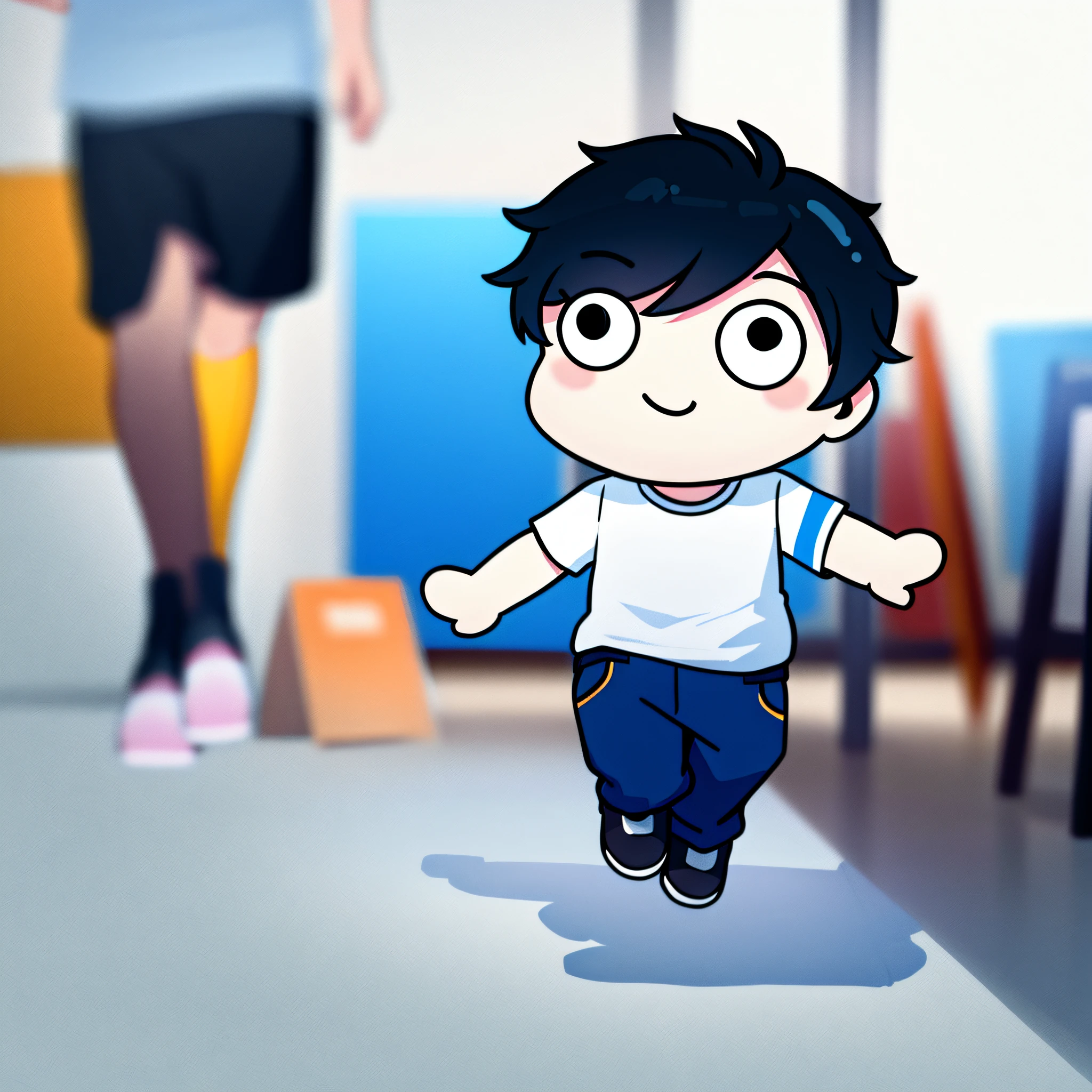 ((Masterpiece, Best Quality)), 1 Boy, Solo,1 Person Only, Teridap, Chibi, Black Hair, Full Body, Running, Simple Background, White Background, Blue T-Shirt