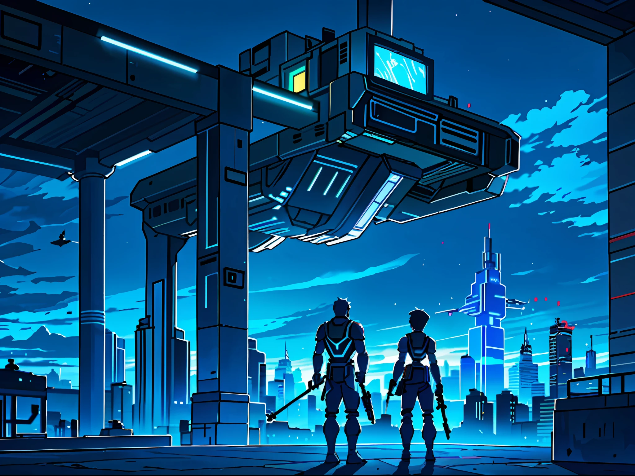 Sky, Clouds, holding_weapon, no_humans, Glow, Robots, Architecture, Science Fiction, Cities, Reality --v6